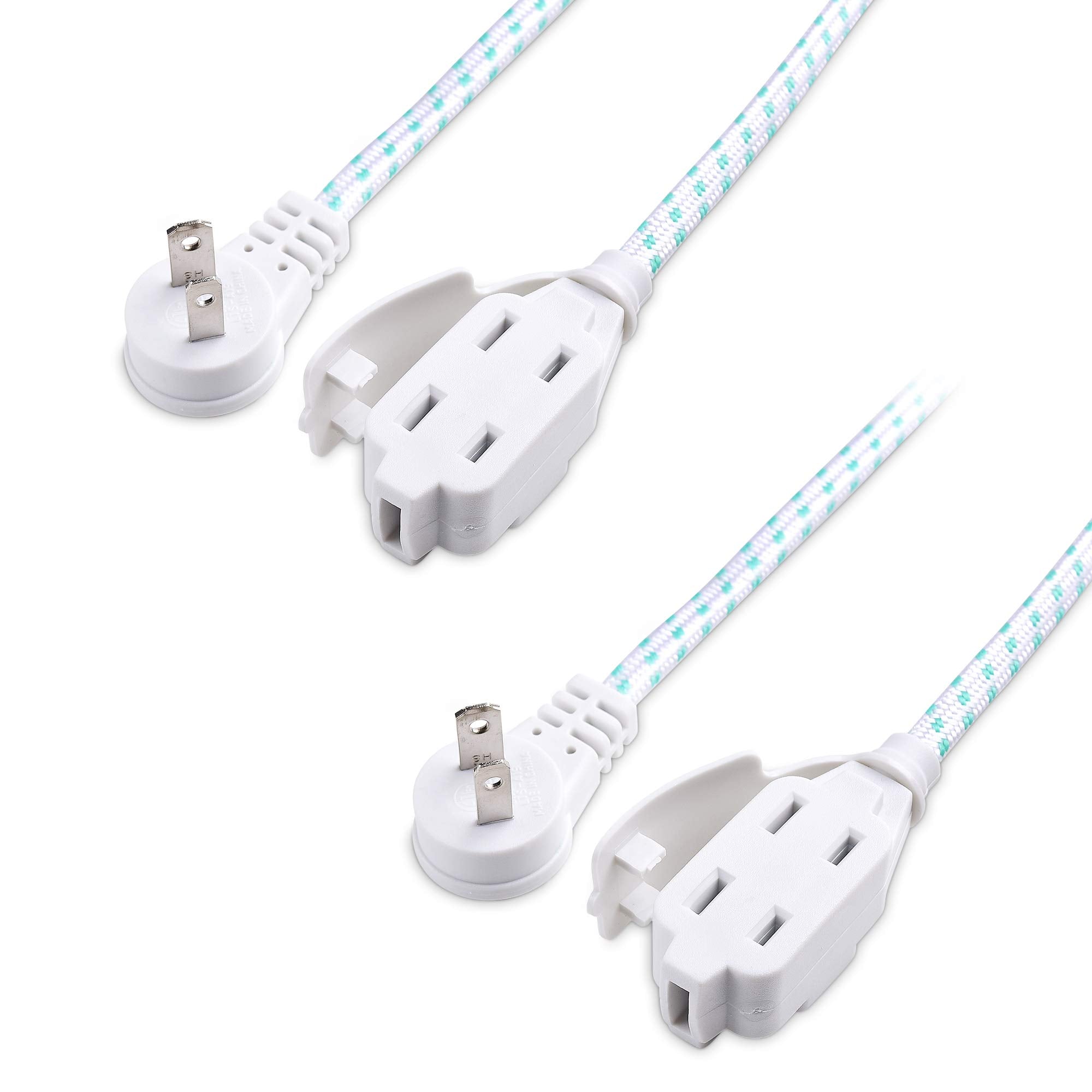 Cable Matters 2 Pack Premium Braided 3 Outlet Flat Extension Cord 2 Prong 10 Ft With Low Profile Plug
