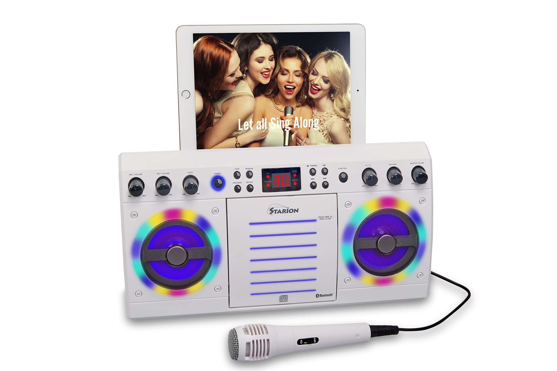 Starion Ks303W B Portable Bluetooth/Cd+G Karaoke Machine   White L Built In Stereo Speakers L Detachable Tablet Holder L Multi C