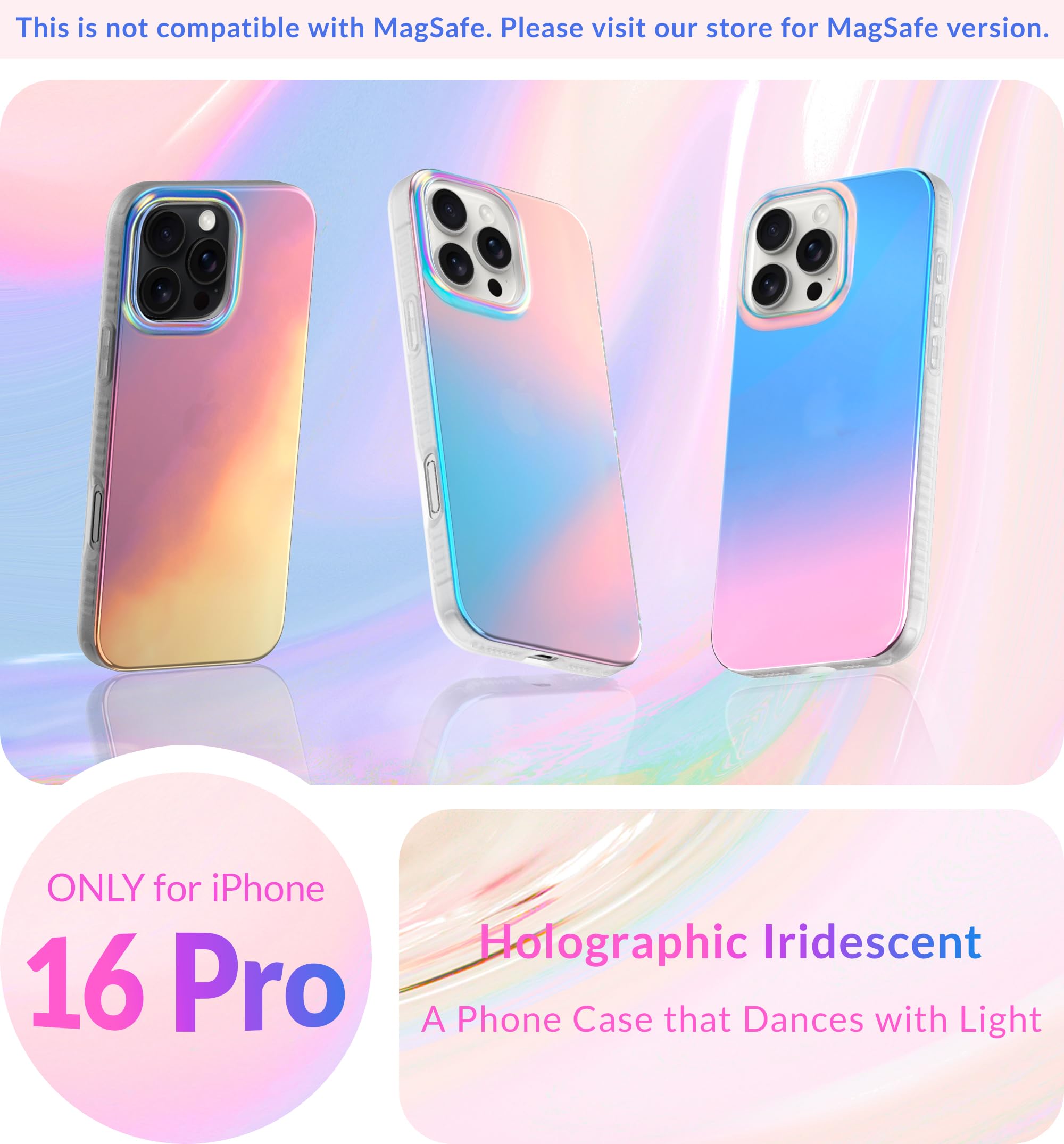 Lonli Hue   For Iphone 16 Pro Case   Holographic Iridescent Phone Case   [360 Shock Absorbent Bumper]   Cute, Unique And Aesthet