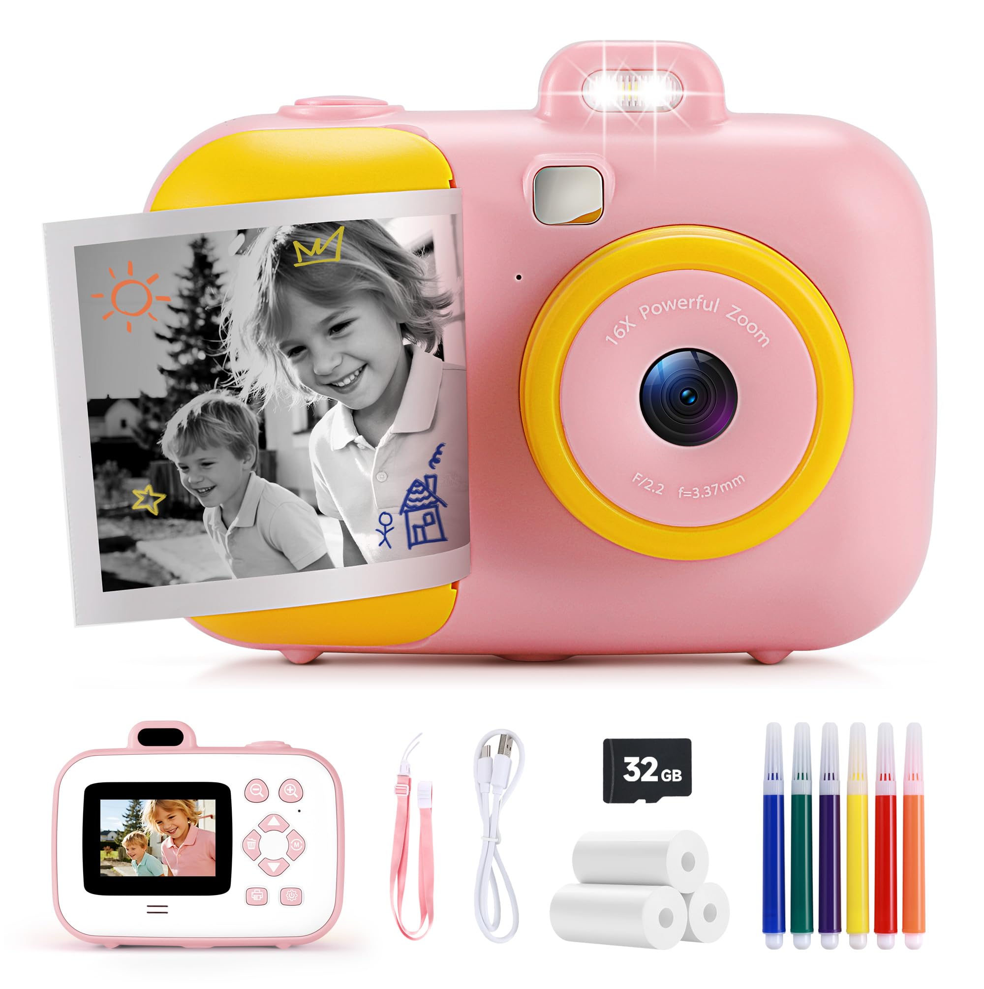 Instant Camera for Kids with Print Paper, 1080P HD Kids Camera Instant Print with 32GB SD Card, Girls Toys for Ages 5-7, Birthda