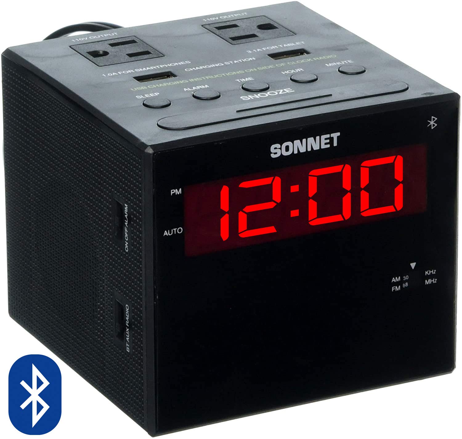 Sonnet Alarm Clock Charging Station, Bluetooth Speaker, Am Fm Radio, Dual Usb Charging Ports, Dual Ac Outlets, Very Loud Alarm Clock For Heavy Sleepers And The Hearing Impaired For Desk, Bedroom