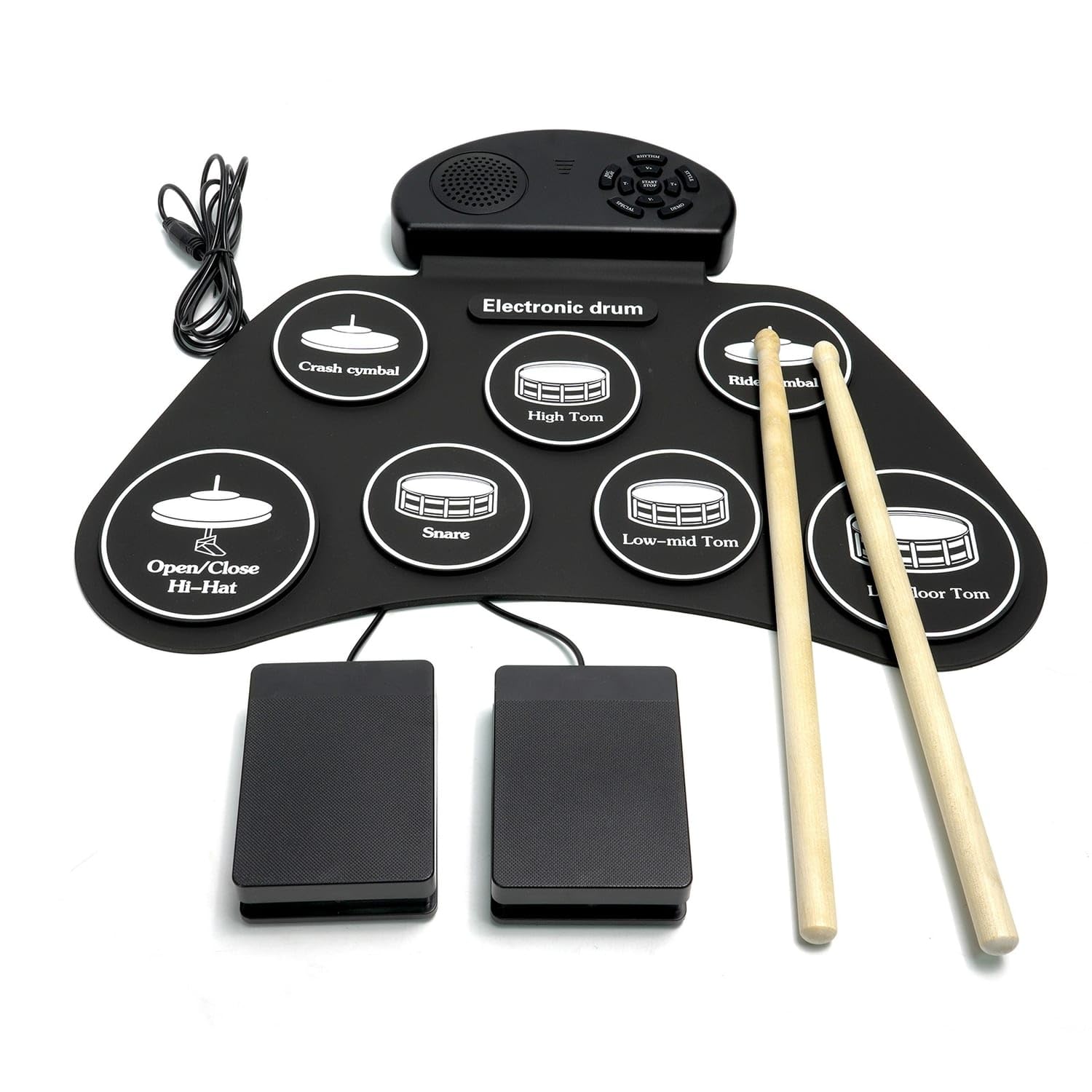Portable Tabletop Drum Pad With Pedals Digital Electronic Drum Pad With Speaker Foldable For Beginners, Kids, Home Practice, Eng