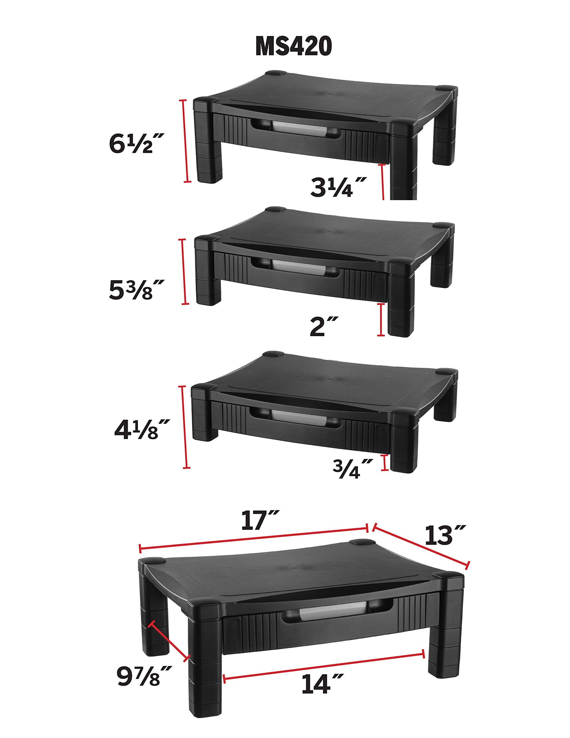 Kantek Monitor Stand With Drawer, 17'' X 13.25'' X 3'' To 6.5'', Black, Supports 50 Lbs