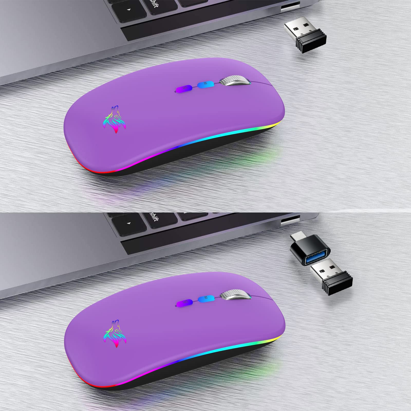 Hotlife Wireless Bluetooth Mouse, Slim Rechargeable Led Mouse, 2.4G Portable Usb Optical Mouse With Type C Adapter, Purple