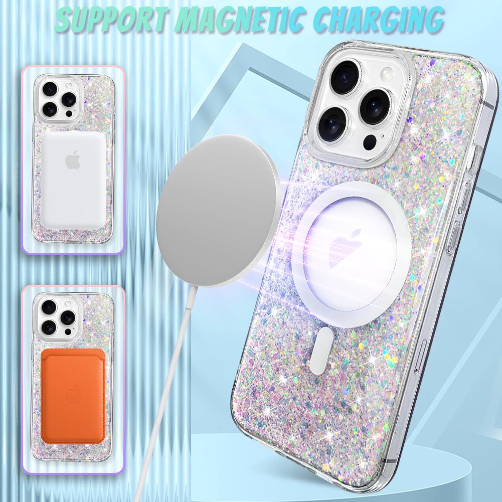 Bonoma For Iphone 13 Pro Max Case, Sparkly Glitter Bling Back, Magnetic Support For Magsafe Shockproof Case, Crystal And Clear H