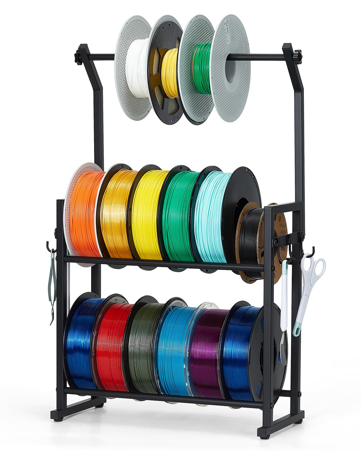EnigmaSoul 3D Printer Filament Storage Rack - 3 Tier Desktop Metal Shelf with Removable Spool Hanger Rods, PLA/ABS/PETG/TPU/Nylo