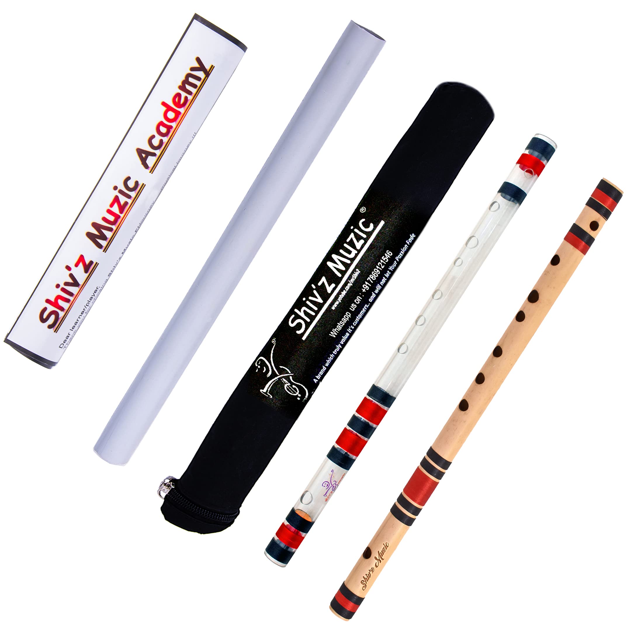ShivZ Muzic Flutes, Set Of Acrylic & Bamboo, 2 Premium Bansuri, C Natural (With Hard Cover & Manual)