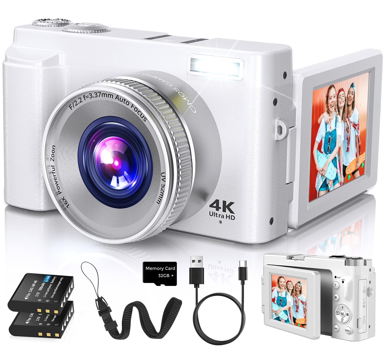 4K Digital Camera for Photography Autofocus, 2025 Latest 48MP Vlogging Camera for YouTube with SD Card, 2 Batteries, 3 180Flip S