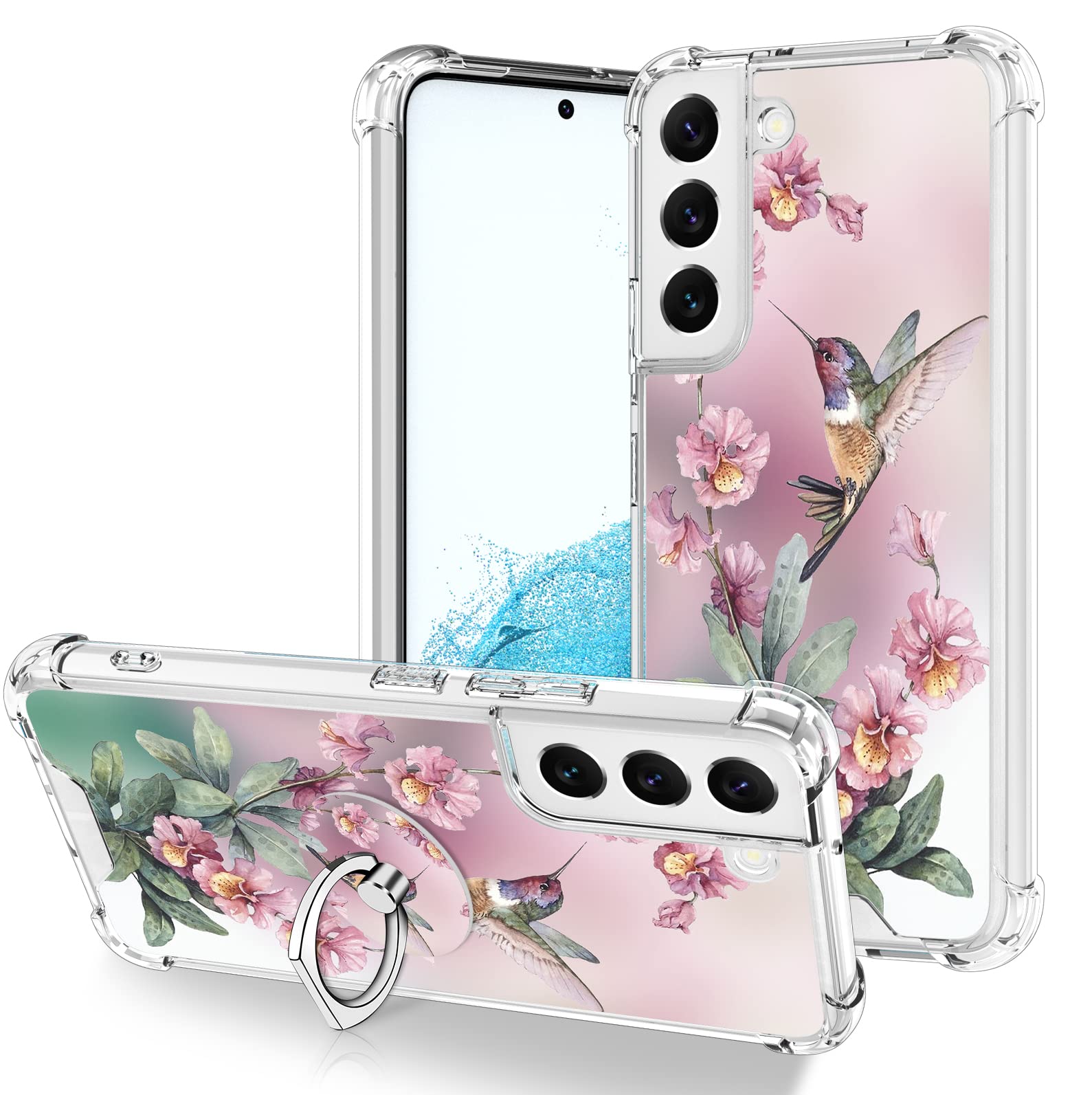 Ook Clear Case Compatible With Samsung Galaxy S22 Plus 5G, Pink Hummingbird Pattern Flexible Tpu Shockproof Anti Scratch Bumper