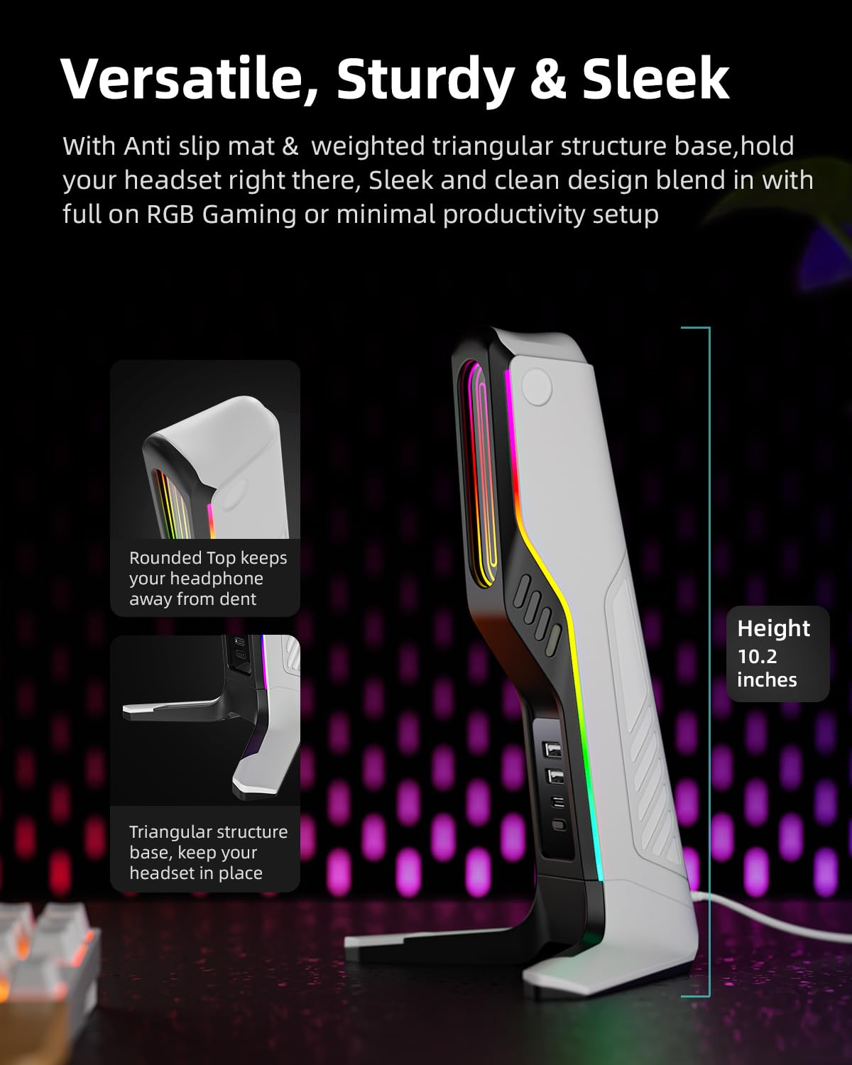 IFYOO RGB Gaming Headset Stand with USB & Type-C Ports, Black & White, Model IFYOO-HS-X2, PC/Xbox/PS5 Compatible
