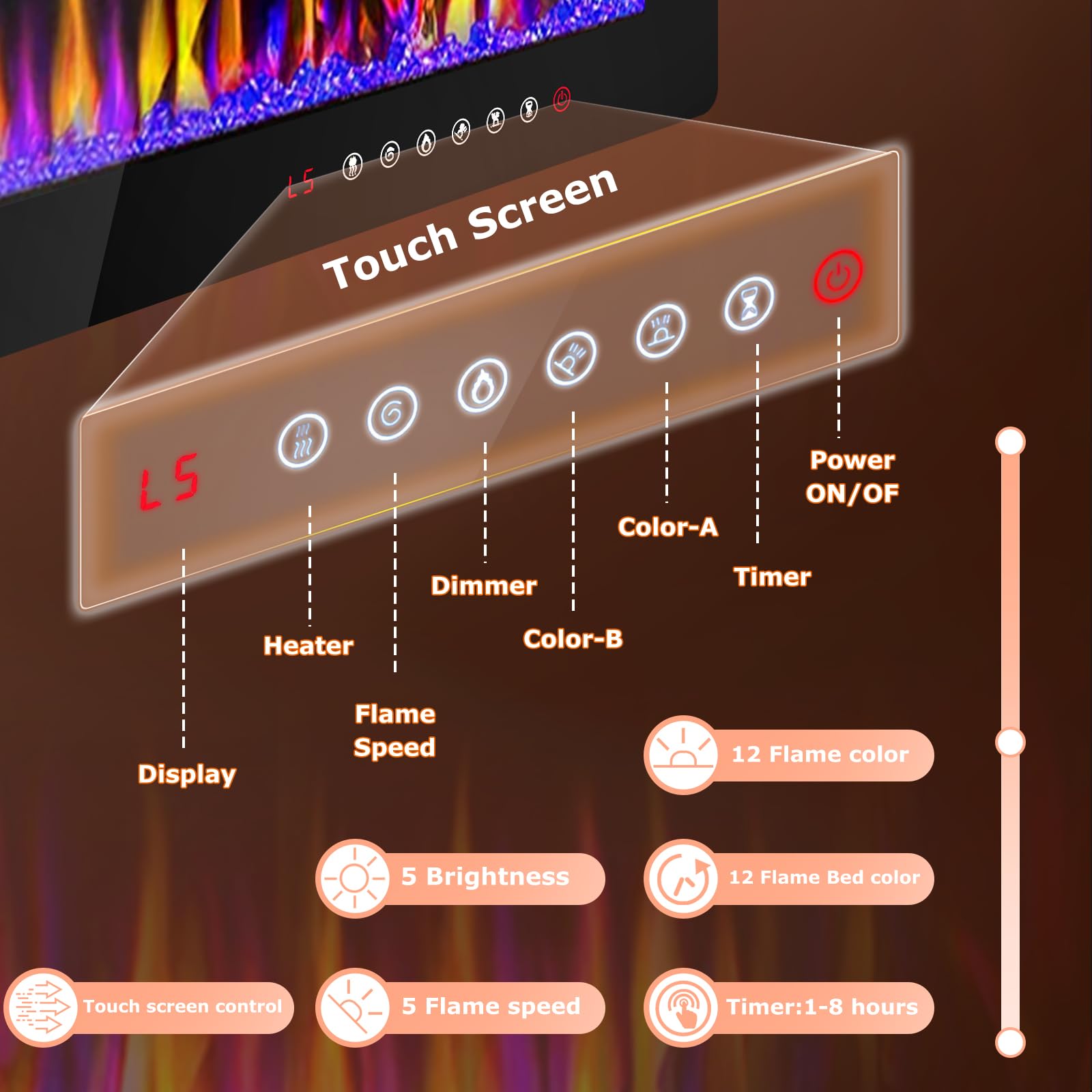 Lemberi 36 Inch Electric Fireplace Recessed And Wall Mounted,750/1500W Heater And Linear Fireplace With Touch Screen Control Pan