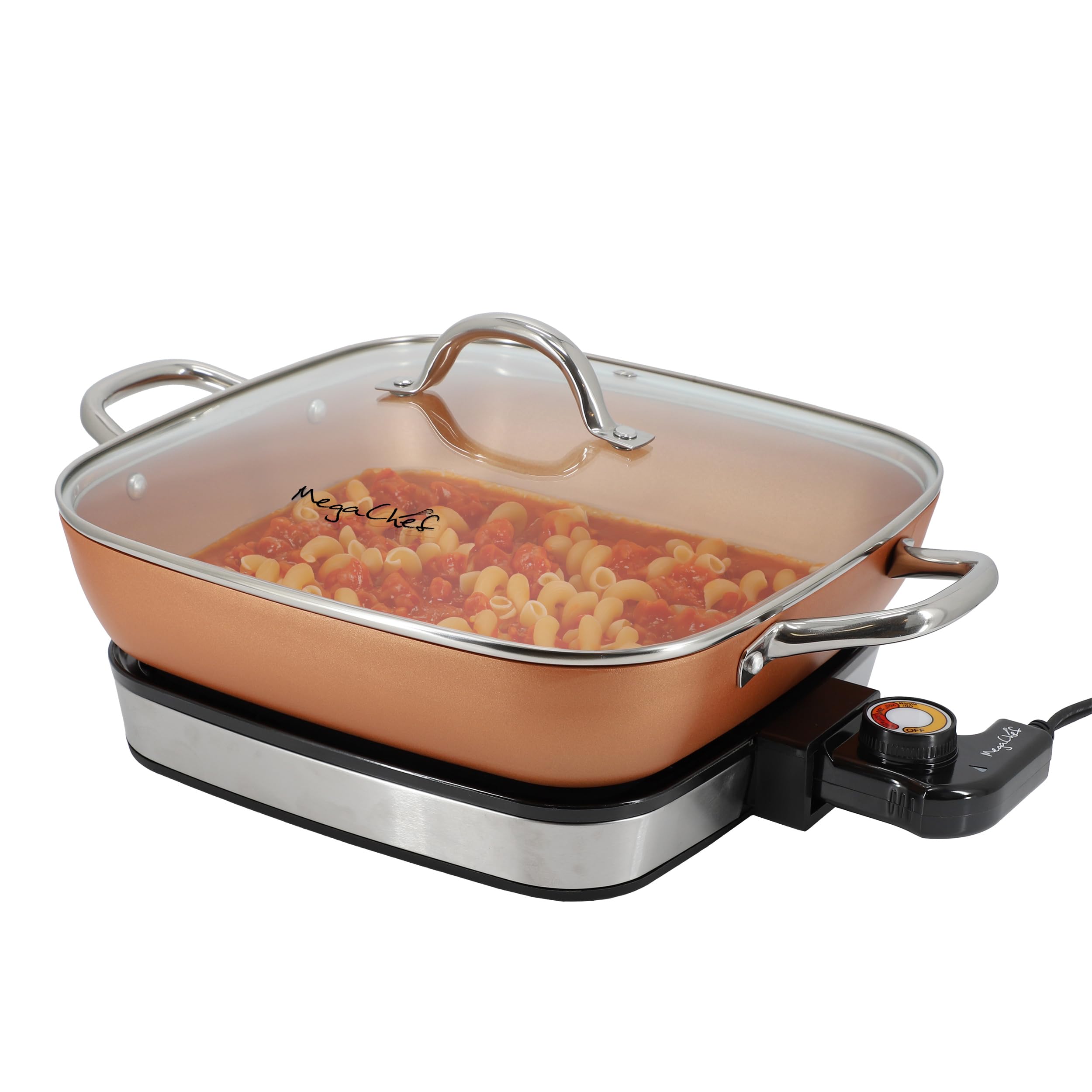 MegaChef Electric Fry Pan with Copper Non-Stick Coating, Tempered Glass Lid & Adjustable Temperature Control, Versatile Small Ki