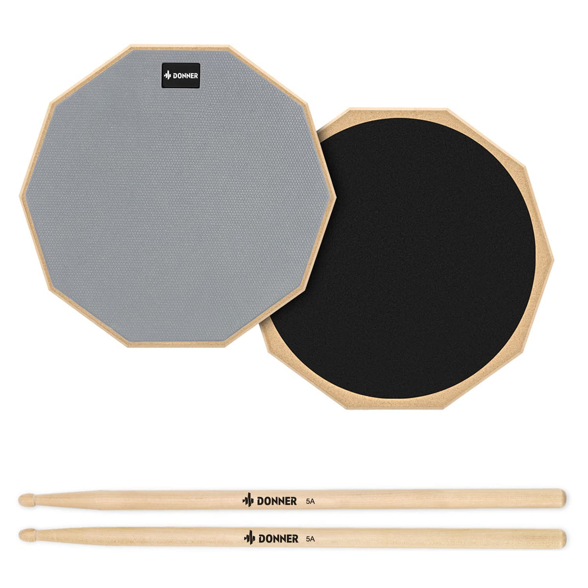 Donner 12 Inches Drum Practice Pad Silent Drum Pad Set Gray 2-Sided With Drum Sticks