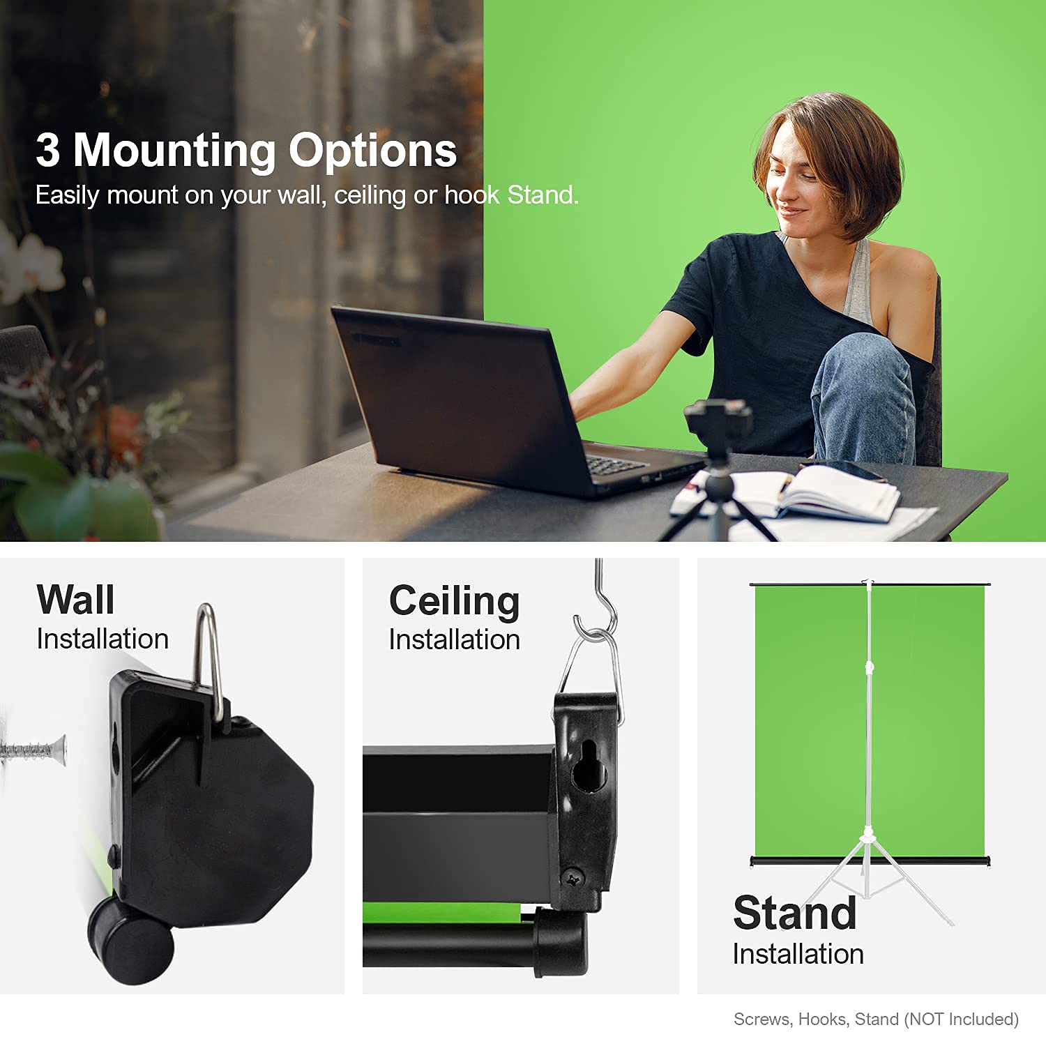 Julius Studio (Pull Down Style) 5.1 X 6.2 Ft. / 62 X 74 In. Green Screen, Retractable Background, Ceiling & Wall Mount, Roll Up