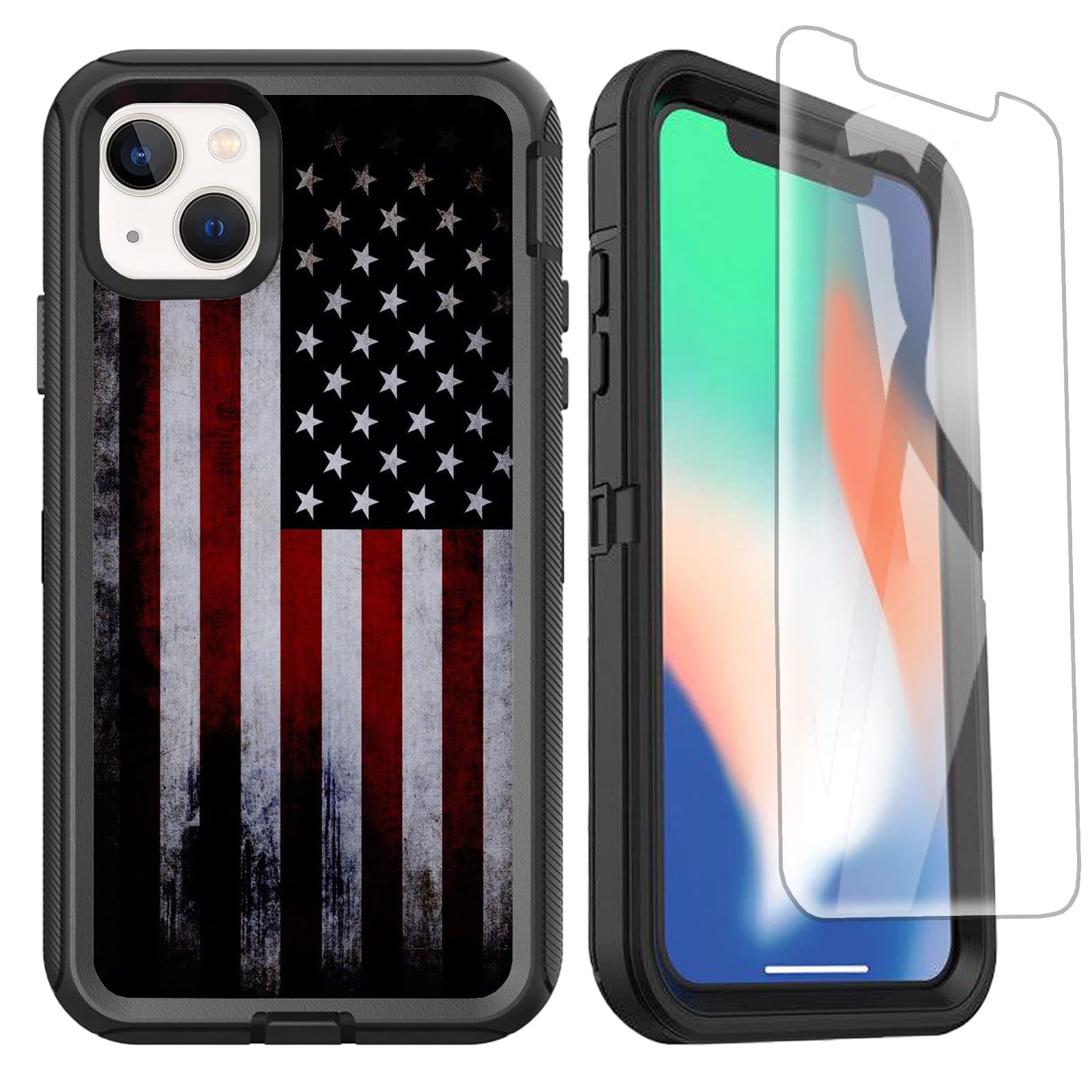 Ottartaks Iphone 13 Case Iphone 14 Case With Screen Protector Old American Flag Design Iphone 13 14 Case For Men Boys Heavy Duty