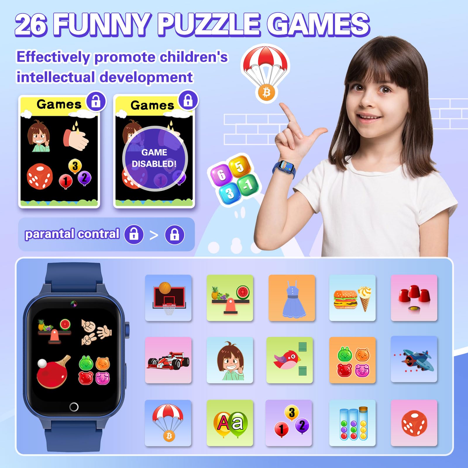 Vakzovy Smart Watch For Kids With 26 Puzzle Games Hd Camera Mp3 Player Audiobook Video Pedometer Habit Tracking Learn Card Flash
