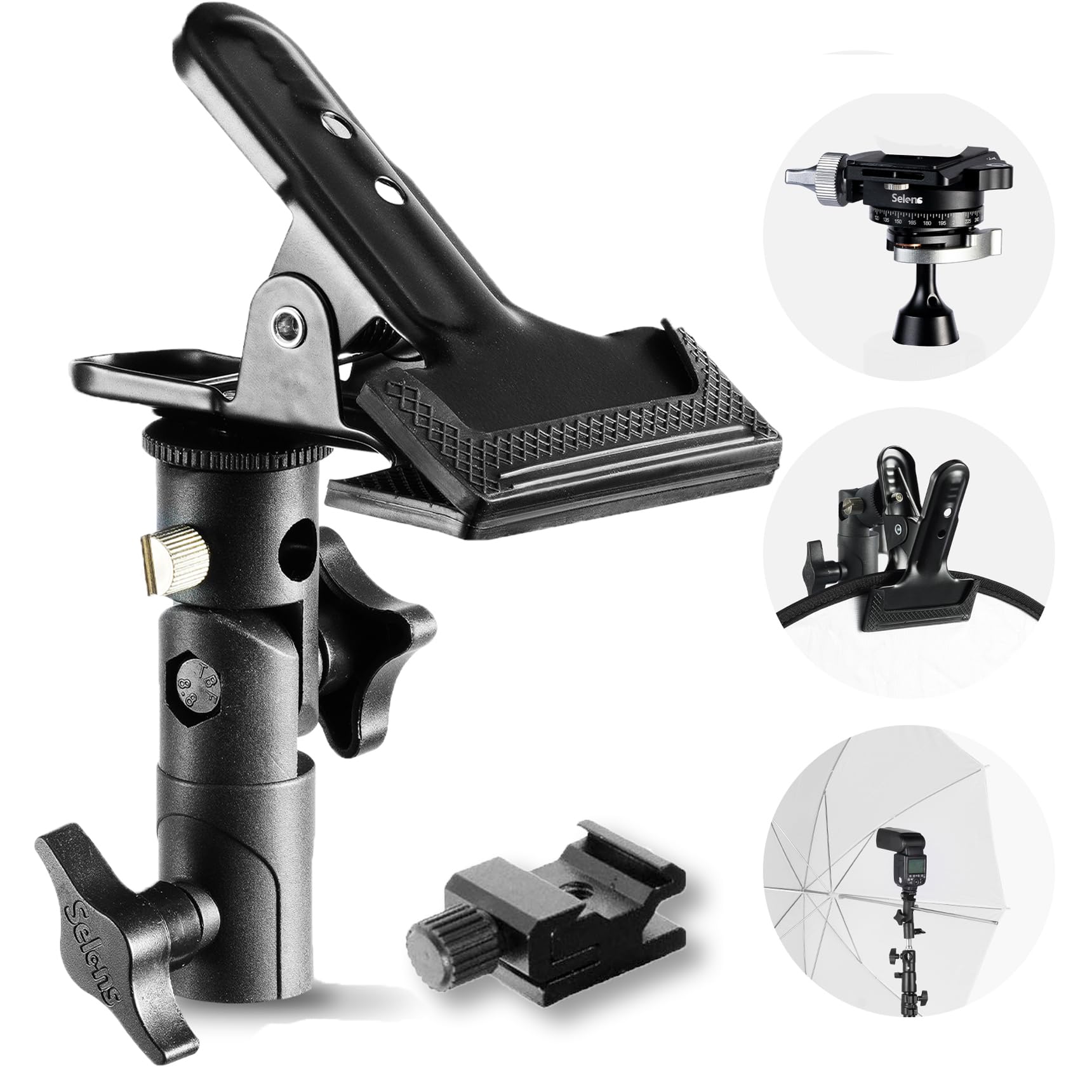Selens Photography Reflector Clamp Holder Speedlite Hot Shoe Bracket With 1/4' & 3/8' Screw Mount With Photo Studio Light Stand, Lighting Umbrella Reflector