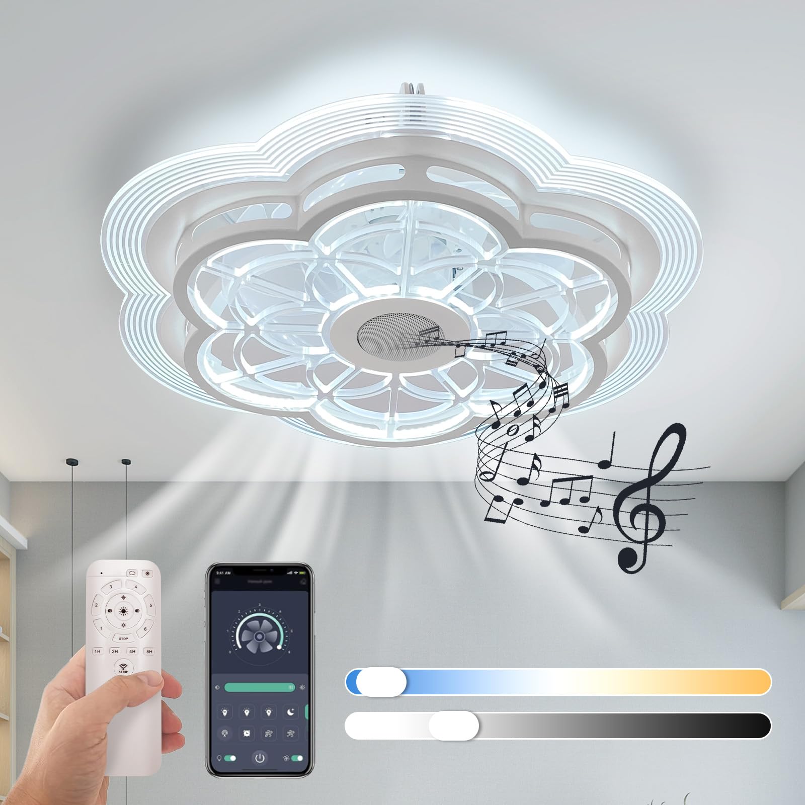Ceiling Fan With Lights Remote Control, Enclosed Flower Light Fan, With Bluetooth Speaker 3 Colors Dimmable 6 Speeds, Flush Moun