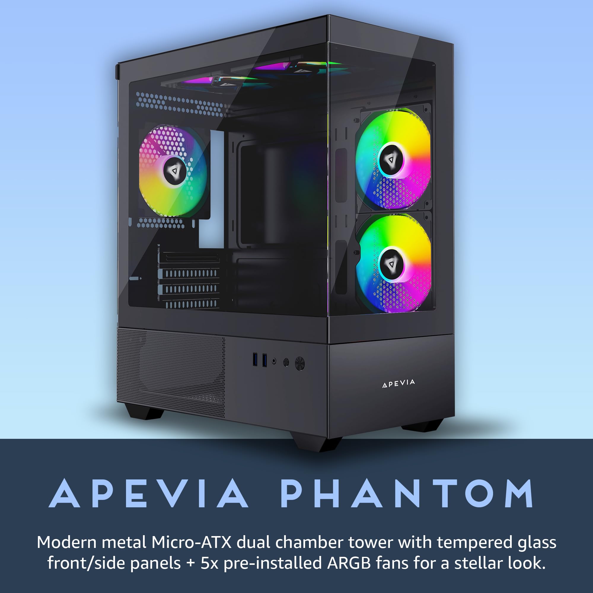 Apevia Phantom Bk Phantom Micro Atx Dual Chamber Gaming Pc Case W/ 5X 120Mm Argb Fans, 366 Rgb Modes, Dual Tempered Glass Panels