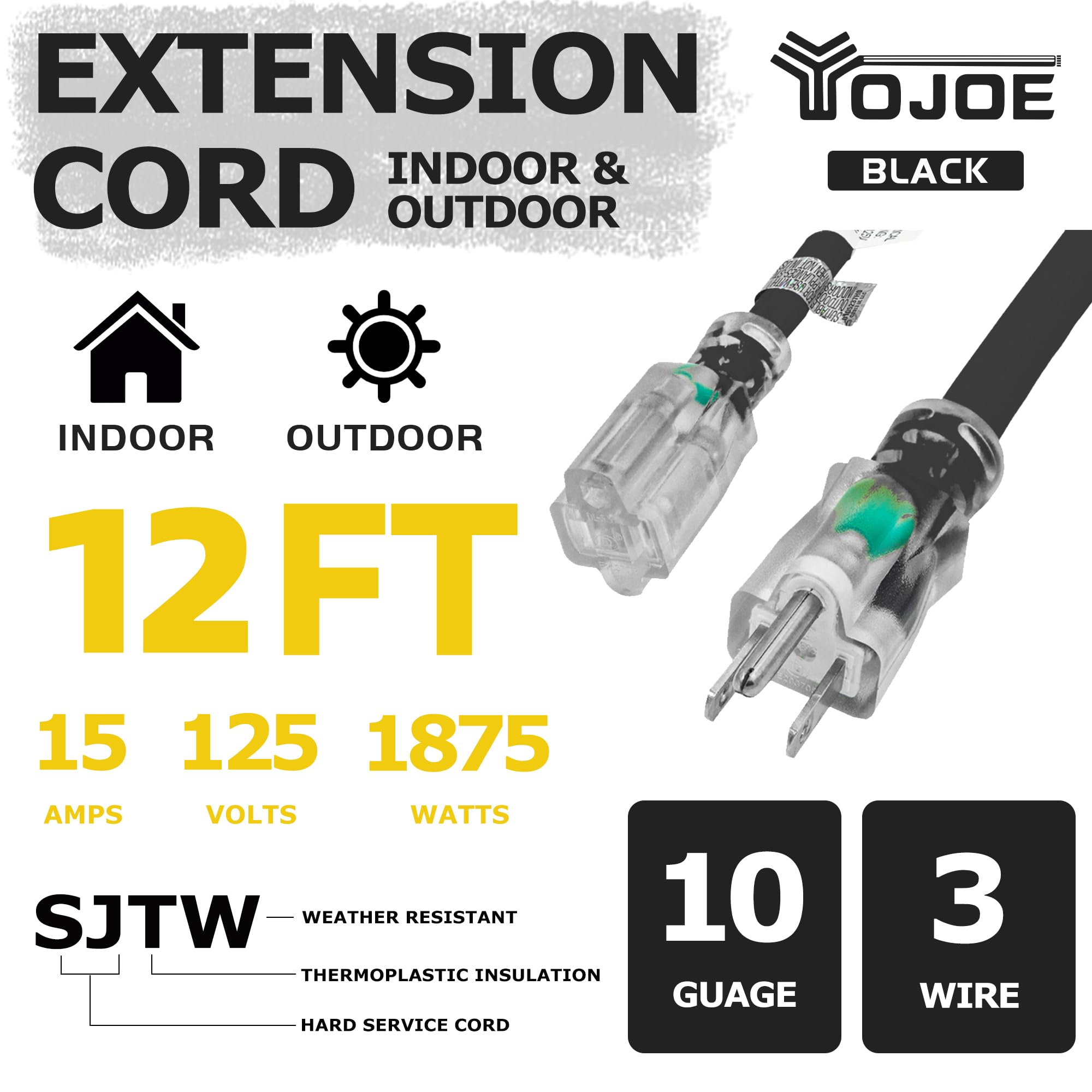Yojoe Indoor Outdoor Extension Cord With Lighted End, 3 Prong 15A Weatherproof Power Extension Cord, 10 Gauge Heavy Duty 12 Ft B