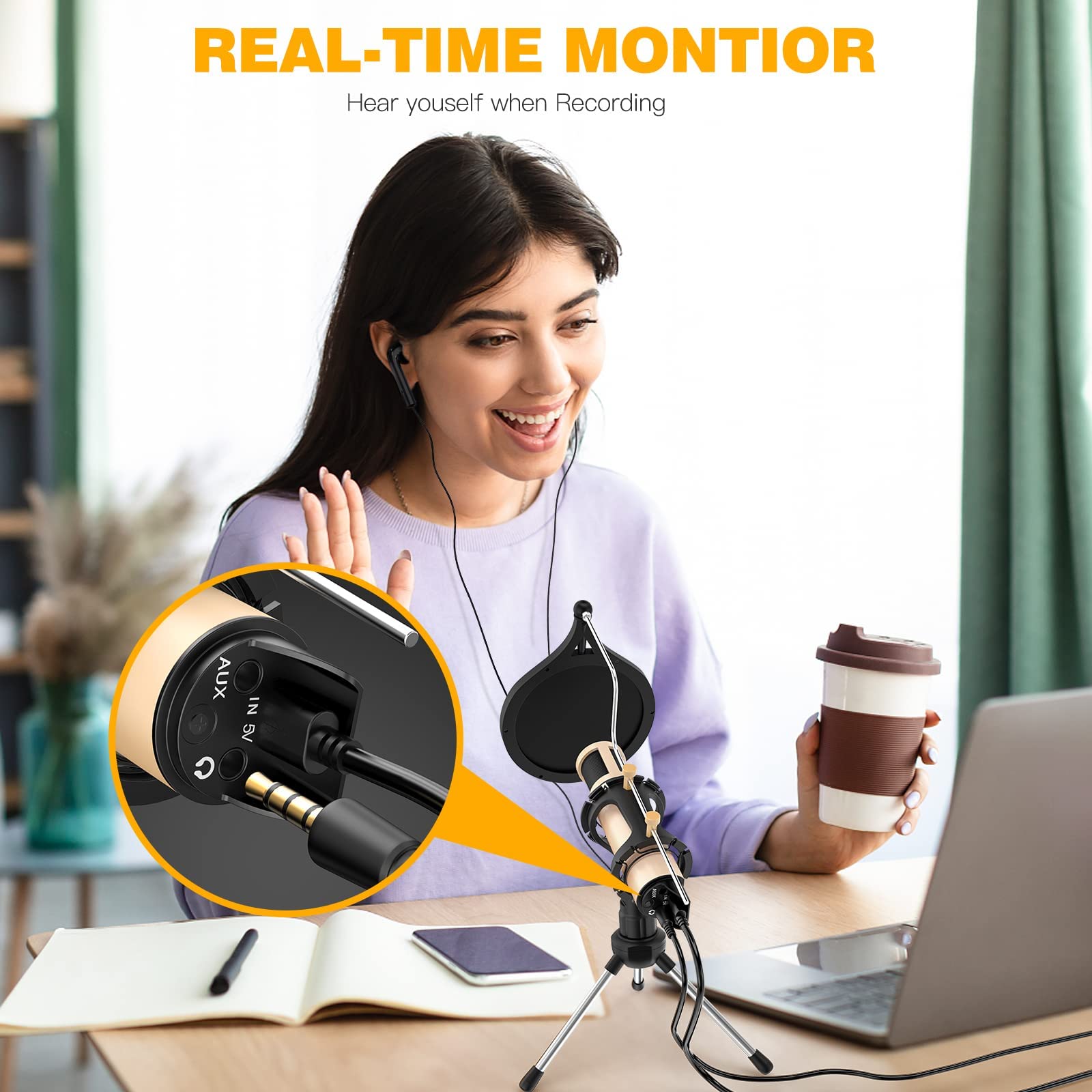 ZealSound Condenser Microphone with USB & 3.5mm, Type-C Adapter, Pop Filter, Tripod Stand - Gold, Model k08-u for Streaming & ASMR
