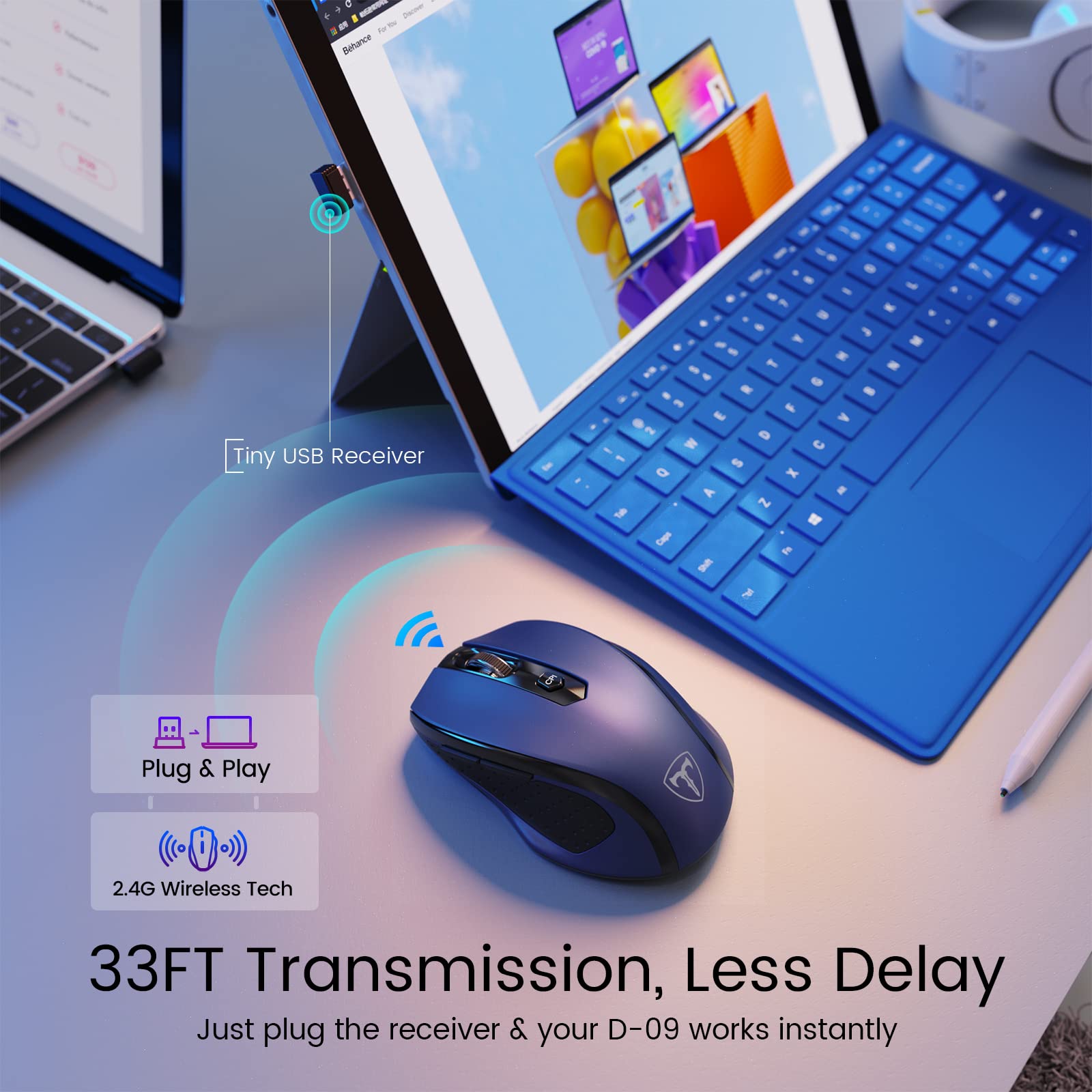 Hotweems D 09 Wireless Mouse For Laptop   Ergonomic Plus Computer Usb Cordless Mice, Ergo Grips, Lightspeed 5 Level 2400 Dpi, 16 Months Battery, Portable For Pc Mac Chromebook, 6 Button, Sapphire Blue