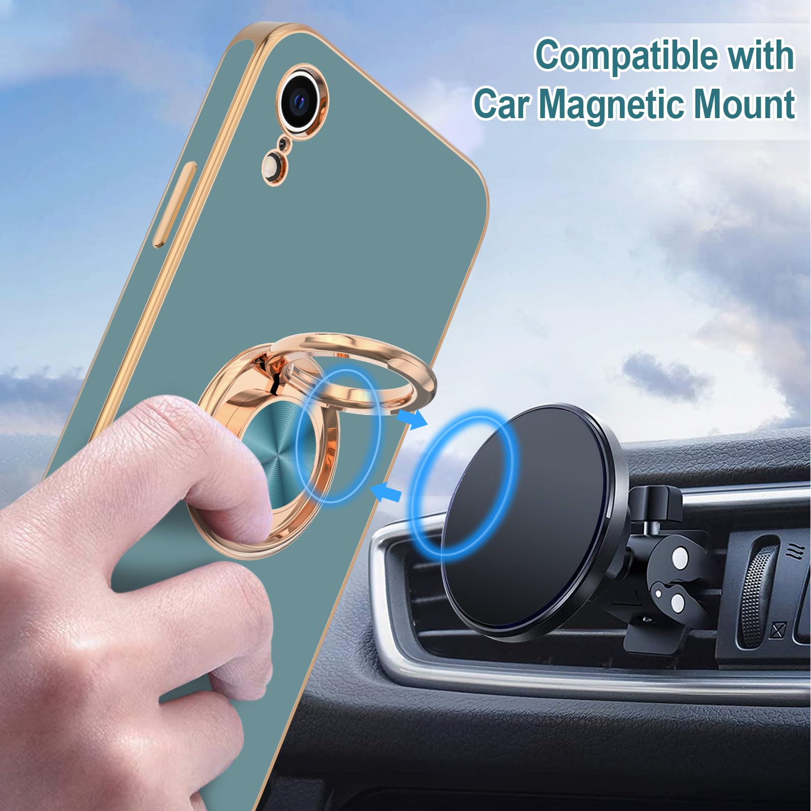 Hython Iphone Xr Case, Blue Gray Shiny Plating Soft Tpu Protective Phone Cover With 360 Rotatable Ring Holder, Magnetic Kickstan