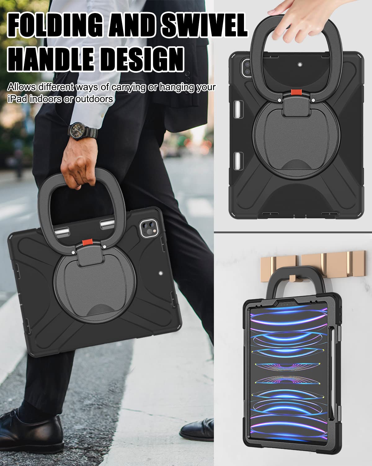 Braecn For Ipad Air 13 Inch Case M2 (2024), Rugged Ipad Pro 12.9 6Th/5Th/4Th/3Rd Generation Case With Kickstand/Swivel Handle Gr