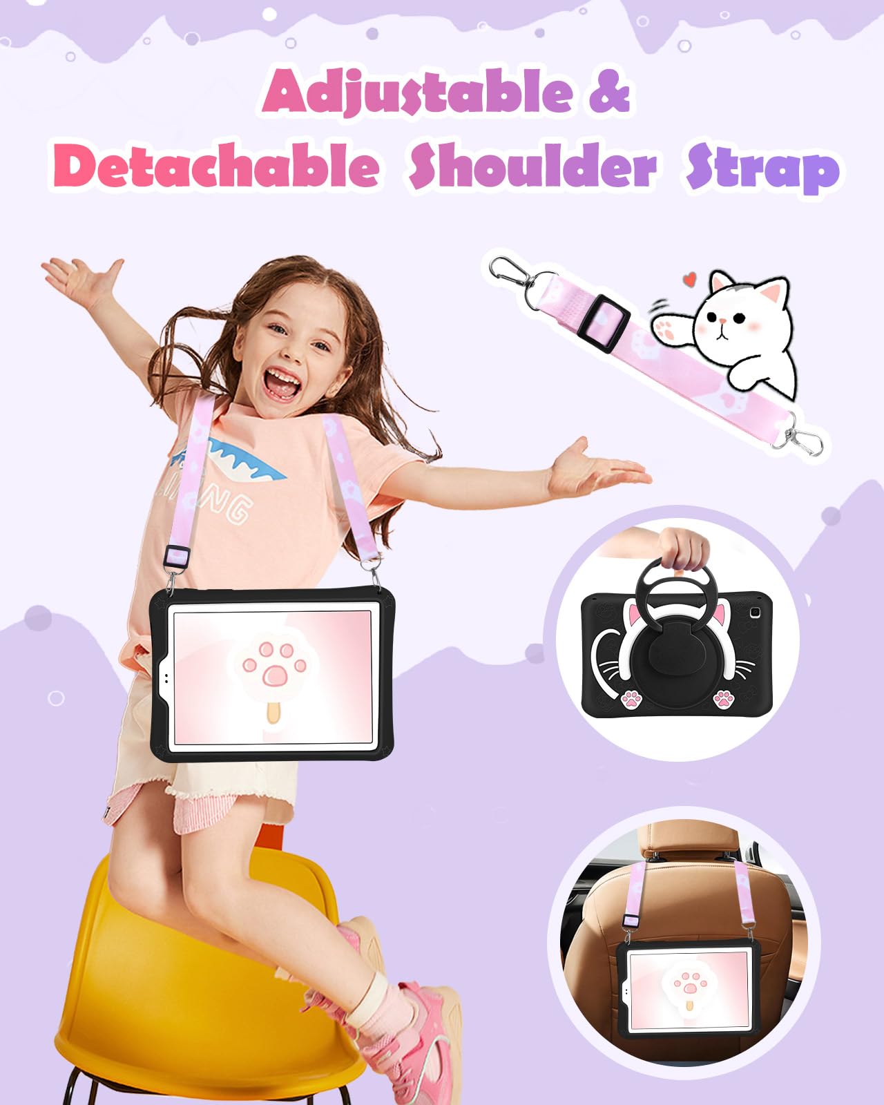 Wazzasoft For Samsung Galaxy Tab A7 Lite 8.7    Case Girls Cute Black Cat Cover Kawaii Girly Women Kitten With Rotating Handle S