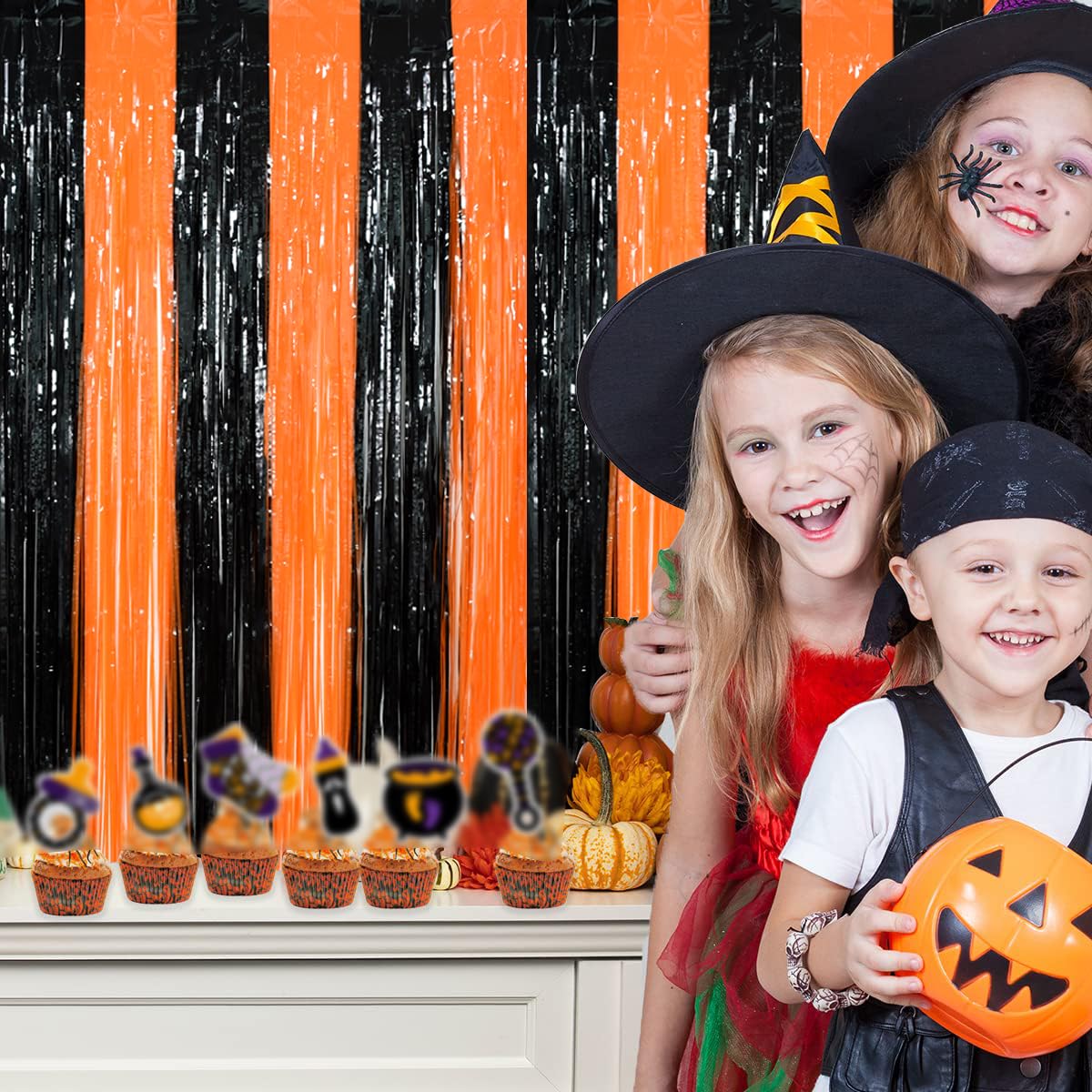 Toniful 3Pcs Black Orange Door Streamers,Photo Booth Backdrop Metallic Streamers Foil Fringe Curtains For Birthday,Christmas,New