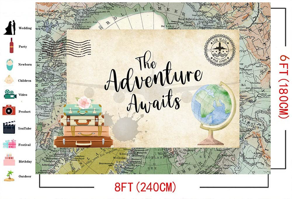 Mocsicka Adventure Awaits Backdrop Travel Themed Decorations Let The Adventure Begin Travel Around The World Baby Shower Birthda