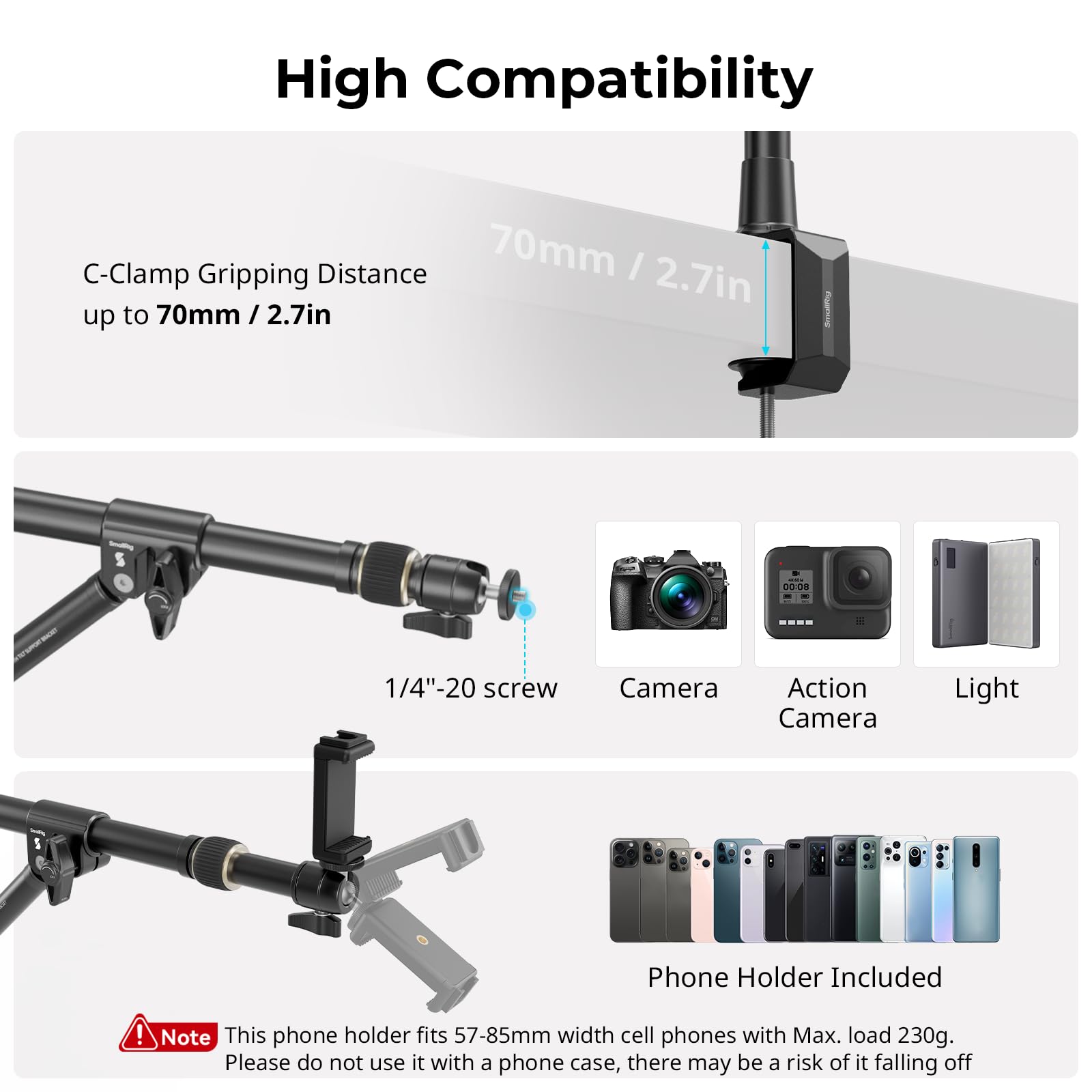 Smallrig Triangle Camera Desk Mount, Max. Load 3Kg/ 6.6Lbs, Overhead Camera Mount With Auxiliary Support Rod, With Phone Holder