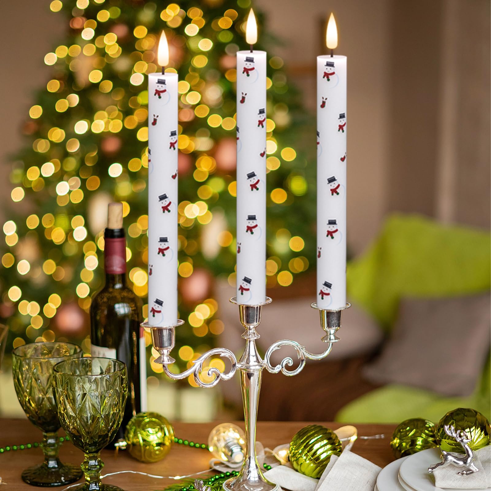 Eldnacele Christmas Taper Flameless Candles With Remote And Timer, Battery Operated 3D Wick Flickering Snowman Decal Candles Rea