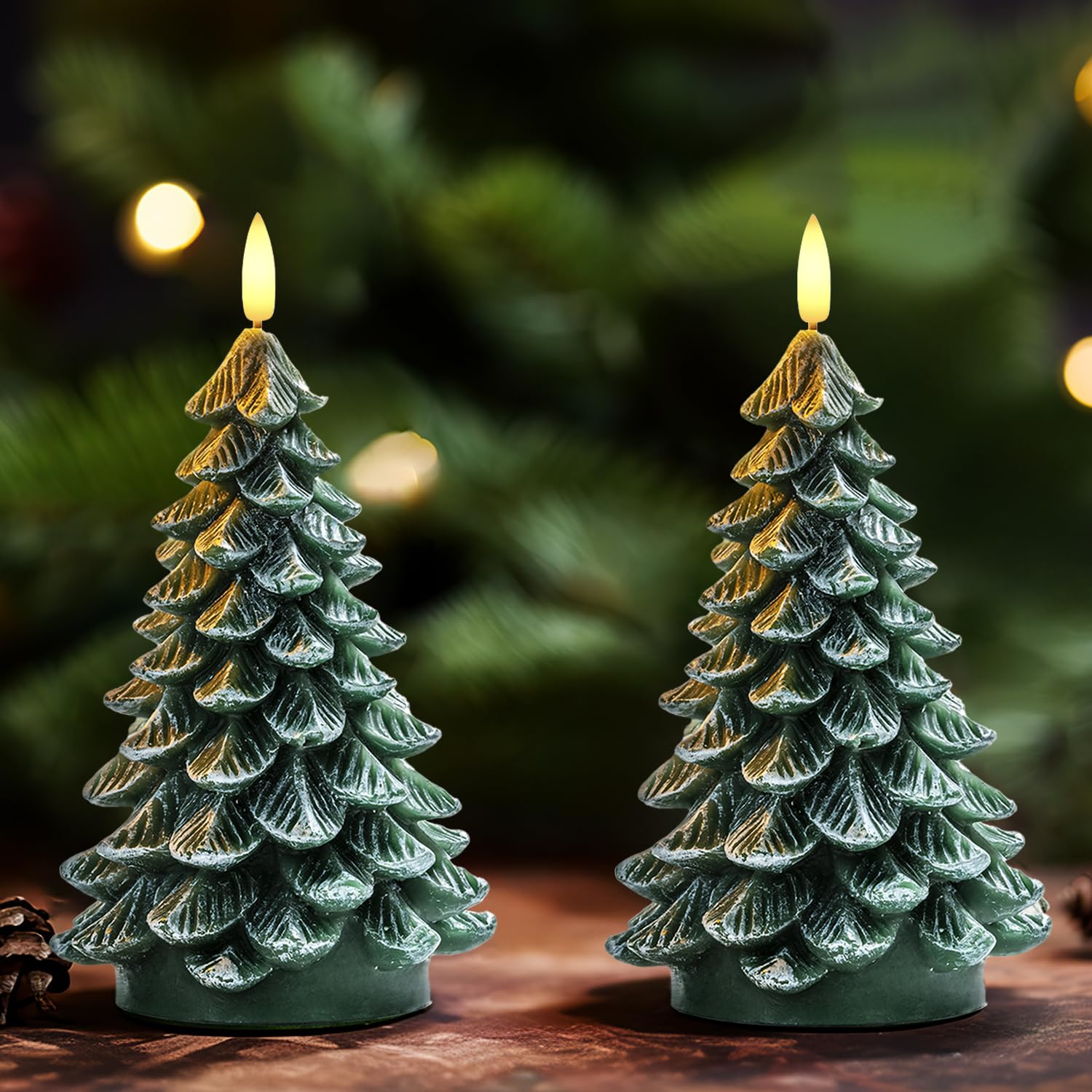 Homemory Christmas Tree Candles With 6 Hours Timer, 2 Pcs Waxy Led Flameless Candles Flickering, Green Electric Candles Battery