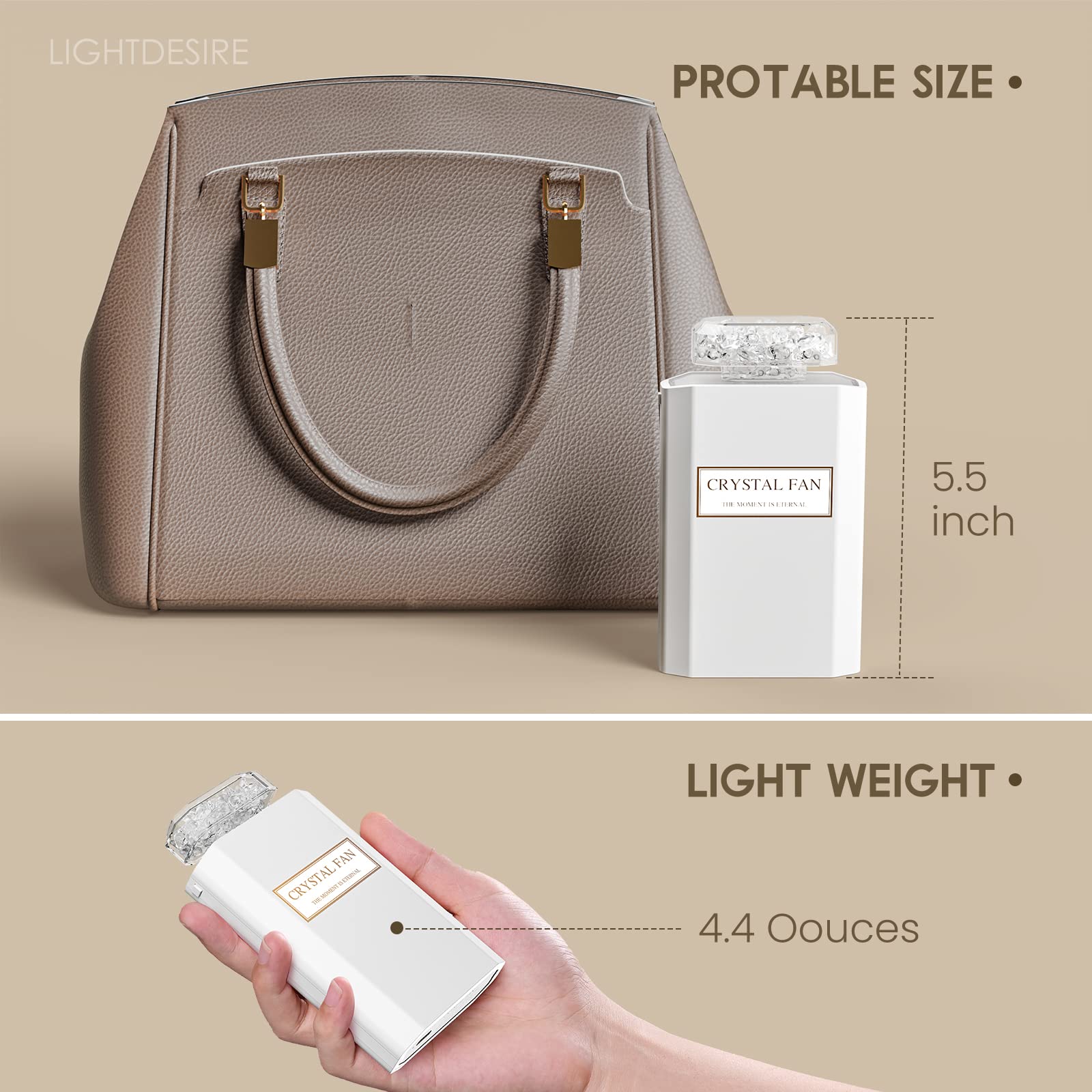 Lightdesire Handheld Fan With Crystal Stones, Mini Personal Fan Quiet Retractable, Cooling Portable Fan Rechargeable 3 Speeds Mo
