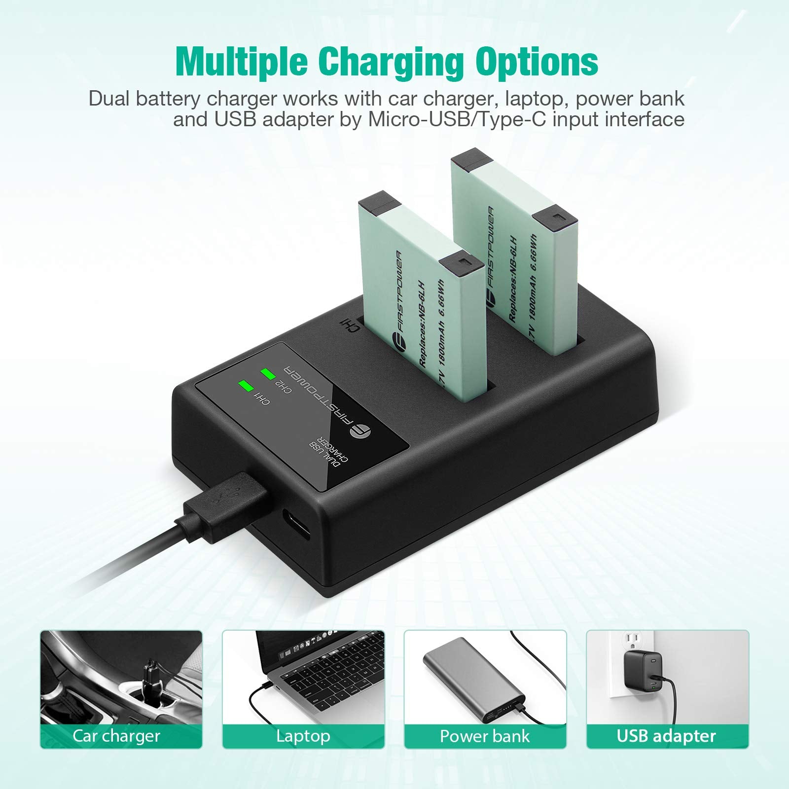 Firstpower 2 Pack Nb 6Lh Nb 6L Batteries And Dual Usb Charger Compatible With Canon Powershot S120, Sx510 Hs, Sx280 Hs, Sx500 Is