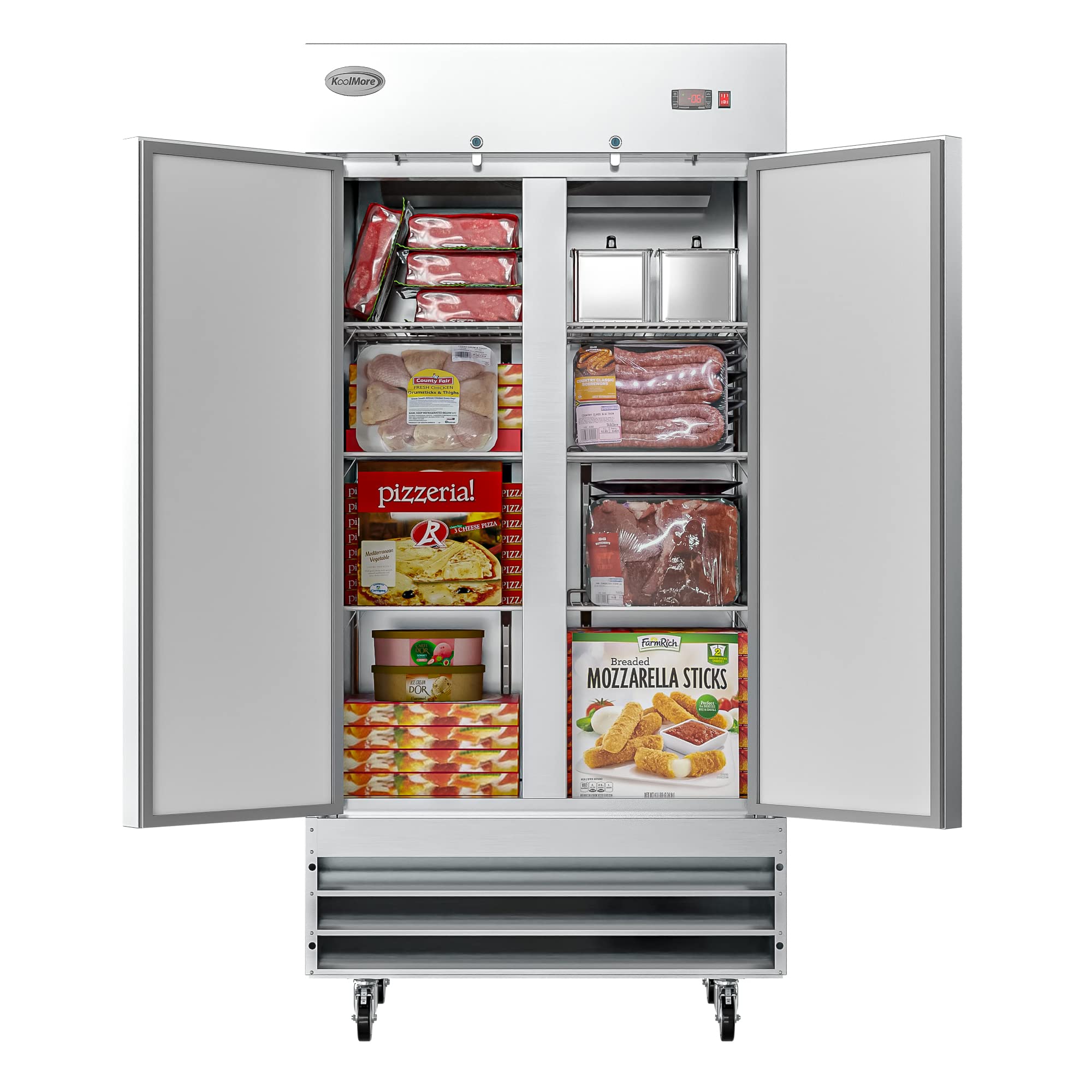 KoolMore Commercial Two Door Reach-in Freezer for Restaurant, Cafe, and Cold Food Storage, Stainless Steel Finish, Large 35 Cu.