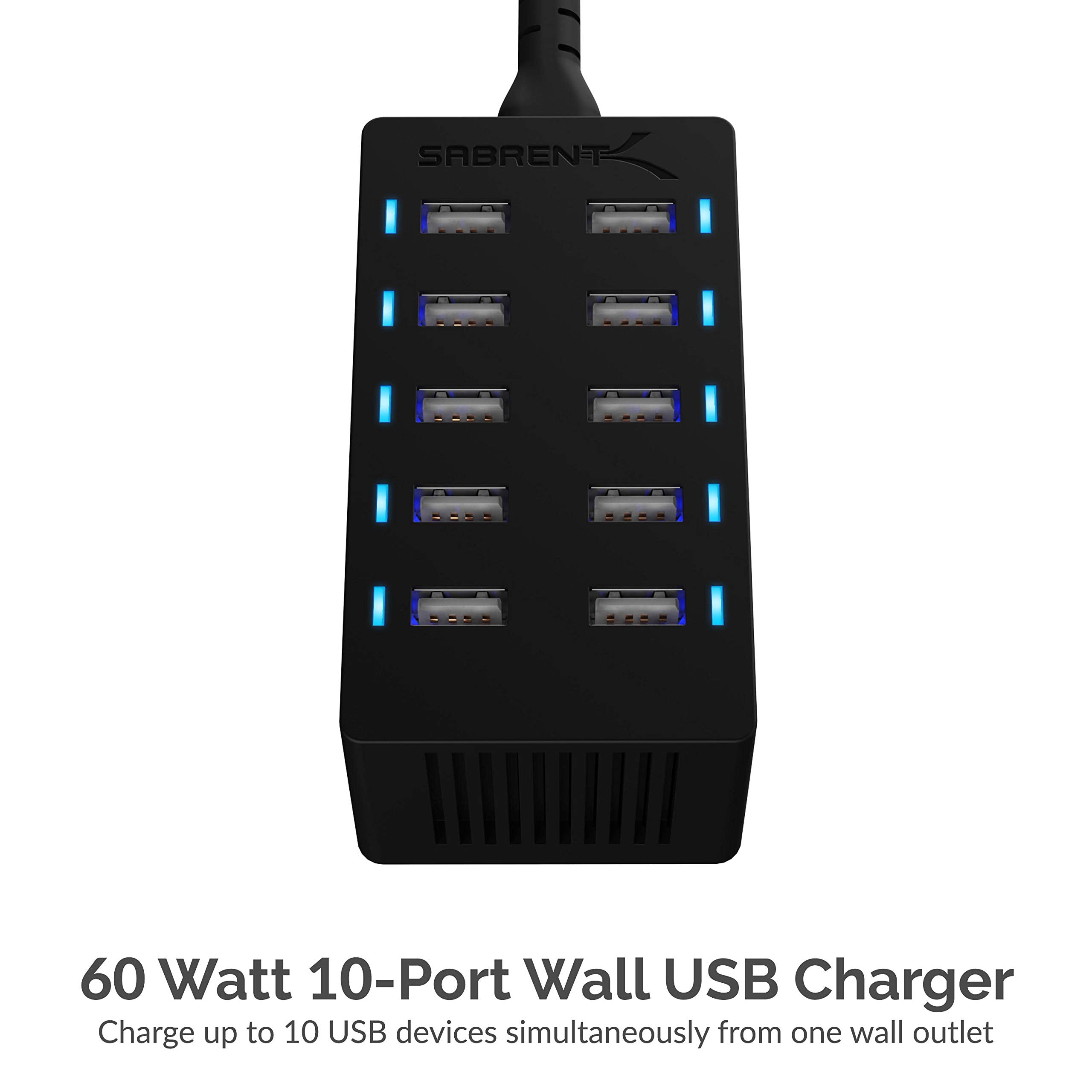 Sabrent 60 Watt (12 Amp) 10-Port [Ul Certified] Family-Sized Desktop Usb Rapid Charger. Smart Usb Ports With Auto Detect Technol
