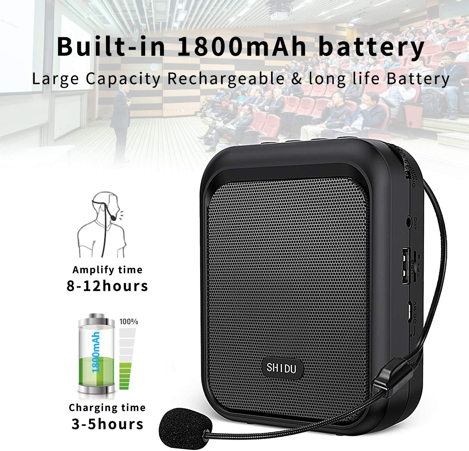 Shidu Mini Voice Amplifier Portable Rechargeable Bluetooth Speaker With Wired Microphone Headset 10W 1800Mah Pa System Supports