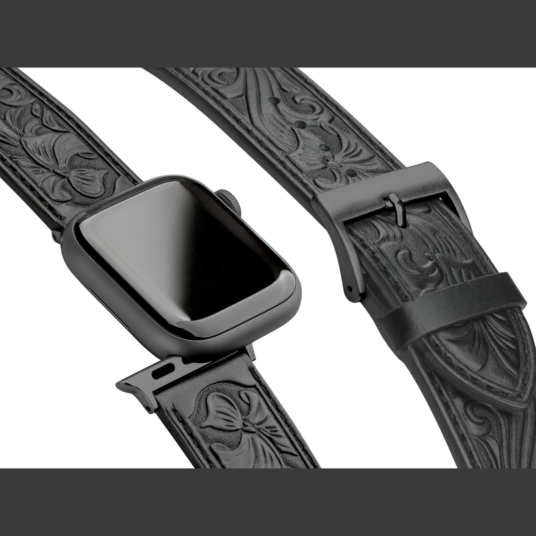 Falandi For Apple Watch Band Leather Black 42Mm 41Mm 40Mm, Western Retro Leather Classical Replacement Smart Watch Band For Iwat