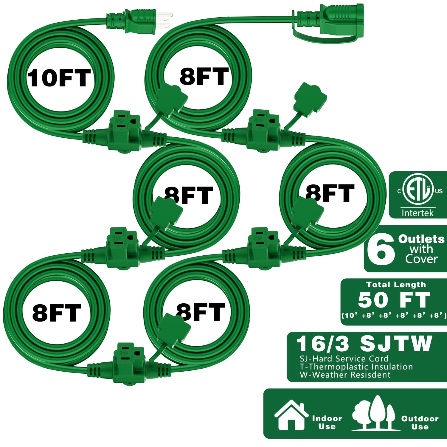 K Kasonic   Outdoor Extension Cord 50 Ft, Evenly Spaced 6 Outlets Plugs, 16/3 Sjtw Weatherproof Multiple Outlets Wire For Landsc