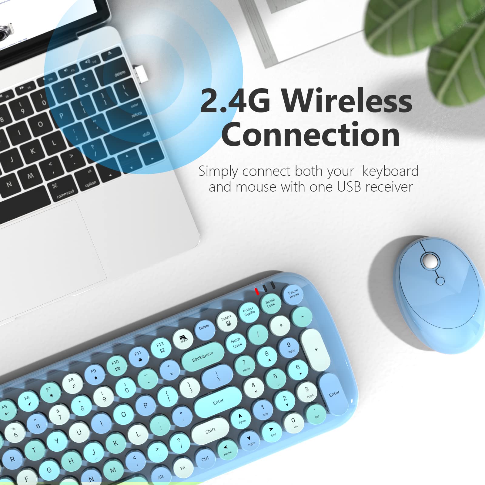 Knowsqt Wireless Keyboard And Mouse Combo, Light Blue 100 Keys 2.4 Ghz Round Keycap Typewriter Keyboards, Usb Receiver Plug And