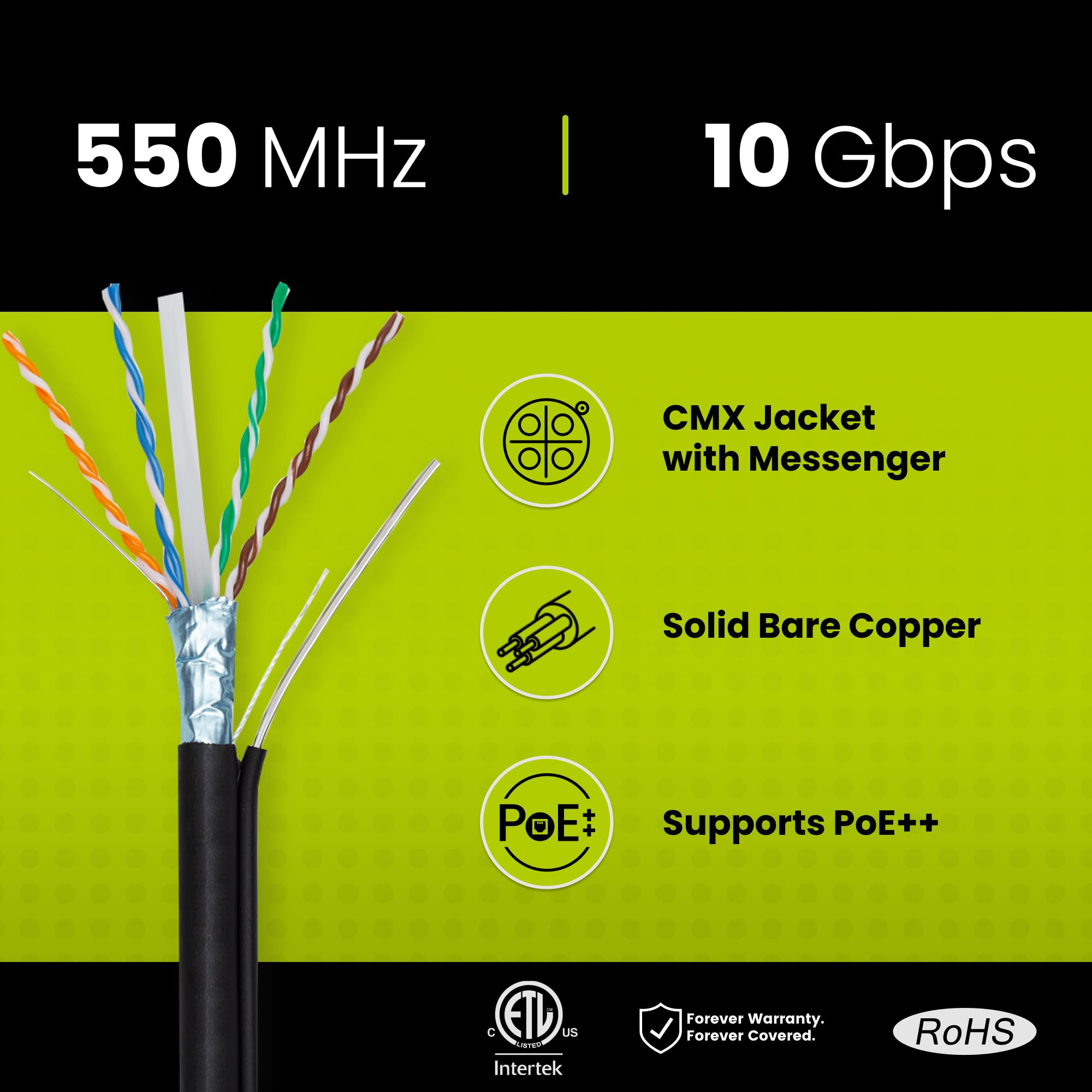Truecable Cat6 Outdoor W/Messenger, Shielded F/Utp, 500Ft, Uv, Aerial, Cmx, Black, 23Awg Solid Bare Copper, 550Mhz, Poe++ (4Ppoe), Etl Listed, Bulk Ethernet Cable