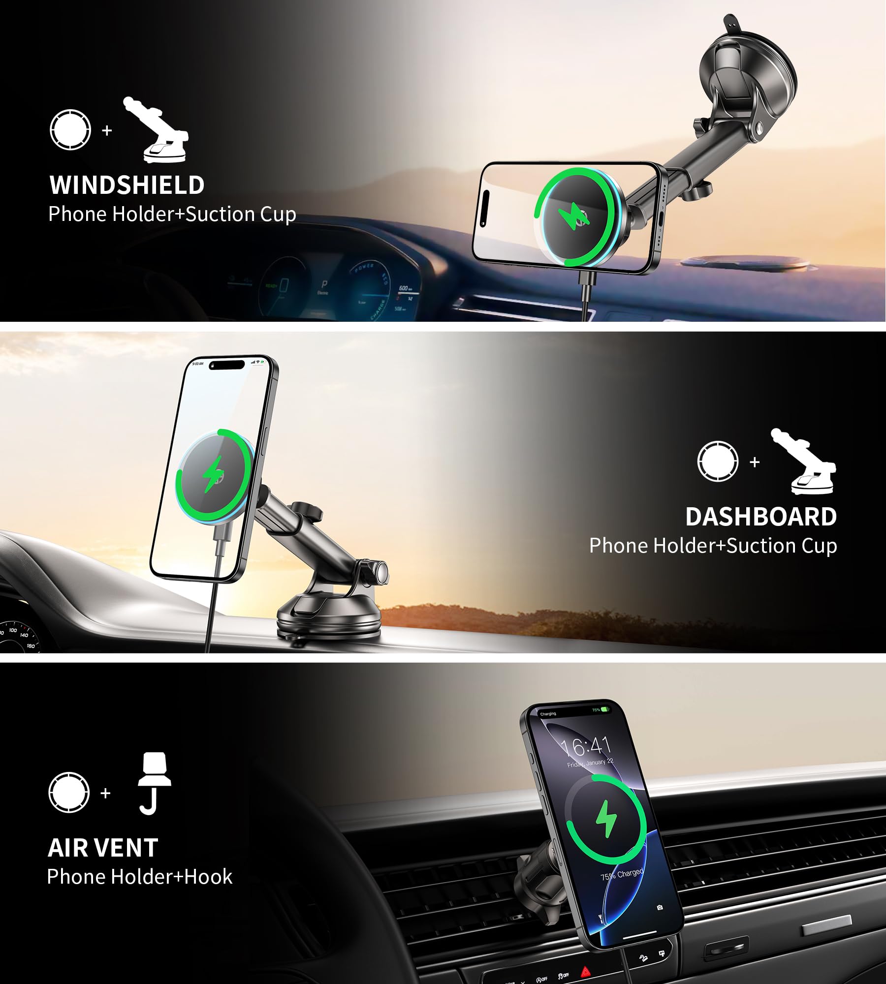 Gumosh For Mag-Safe Car Mount Charger Dash Vent Windshield Wireless Car Charger With Led Light, Strong Magnetic Phone Holder For