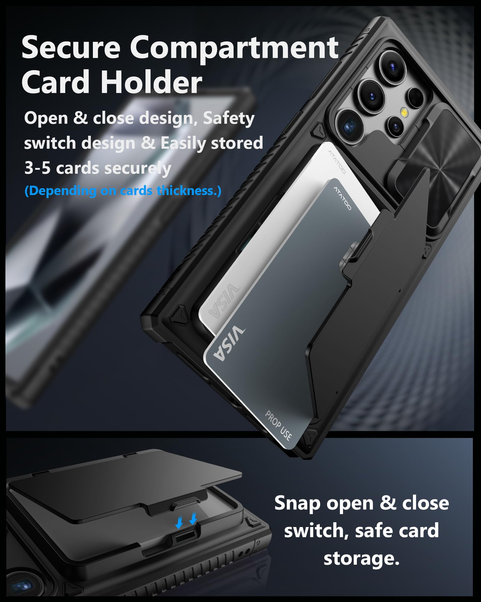 Atatoo For Samsung Galaxy S24 Ultra Case Wallet, Built In Card Holder(Store 4 5 Cards) & Slide Camera Cover & Kickstand, Militar