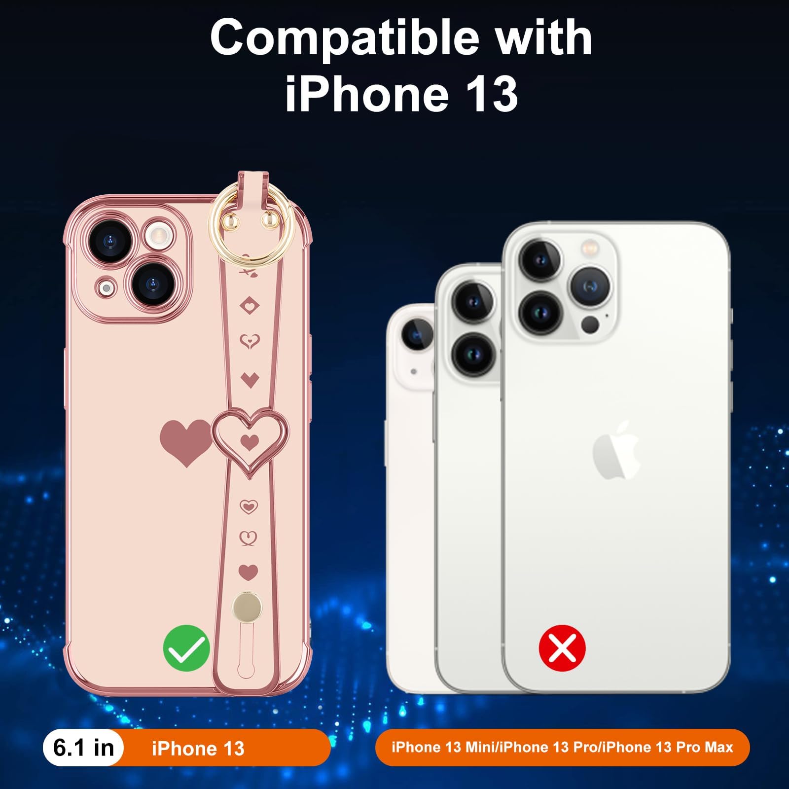 Llz.Coque For Iphone 13 Case Cute Love Heart Plating Strap Phone Cover For Women Girls Bling Soft Silicone Camera Lens Protectio