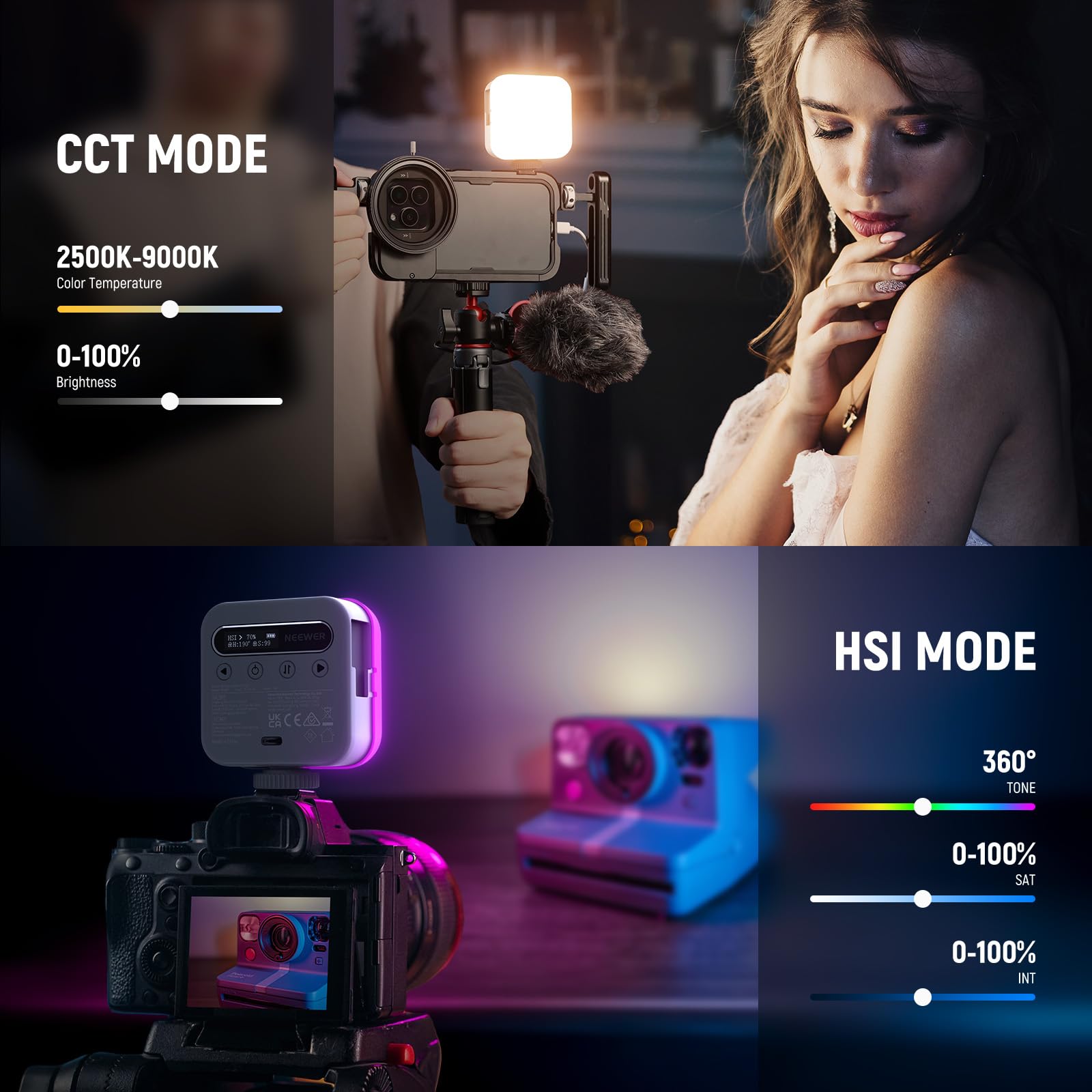 Neewer Basic Magnetic Rgb Video Light, 360 Full Rgb Mini Led Camera Light Cri96+ 2500-9000K 18 Scenes 3 Cold Shoes & 1/4, 2000Ma
