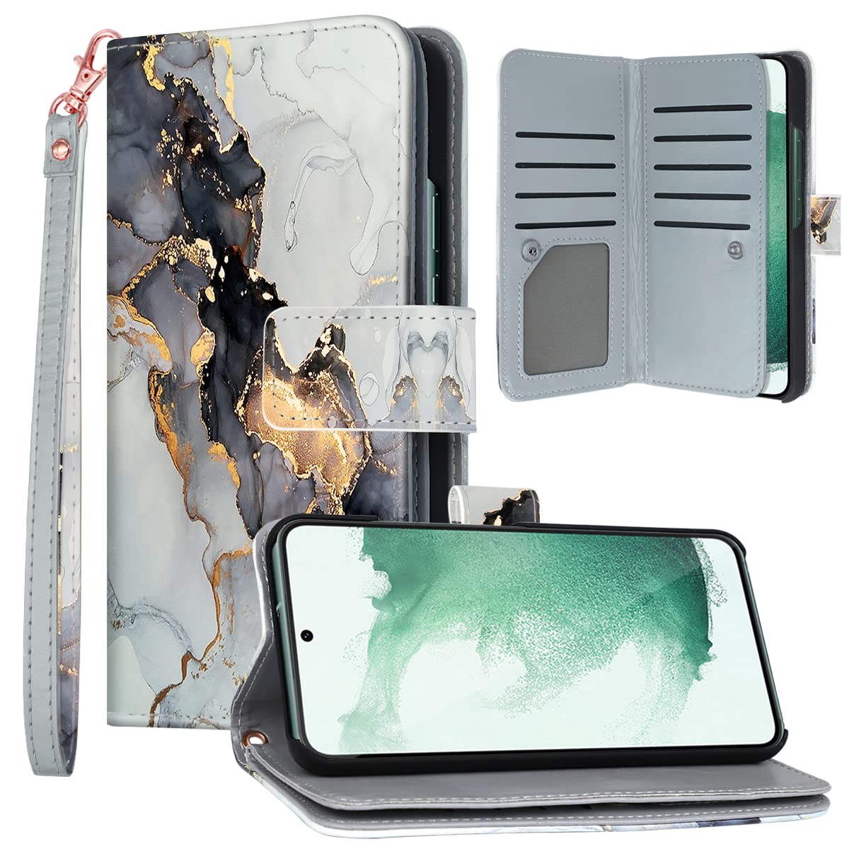Samsung Galaxy S22 Plus Case, Galaxy S22 Plus Case Wallet, Glitter Marble 9 Card Holder Pu Leather Detachable Wrist Strap Wallet