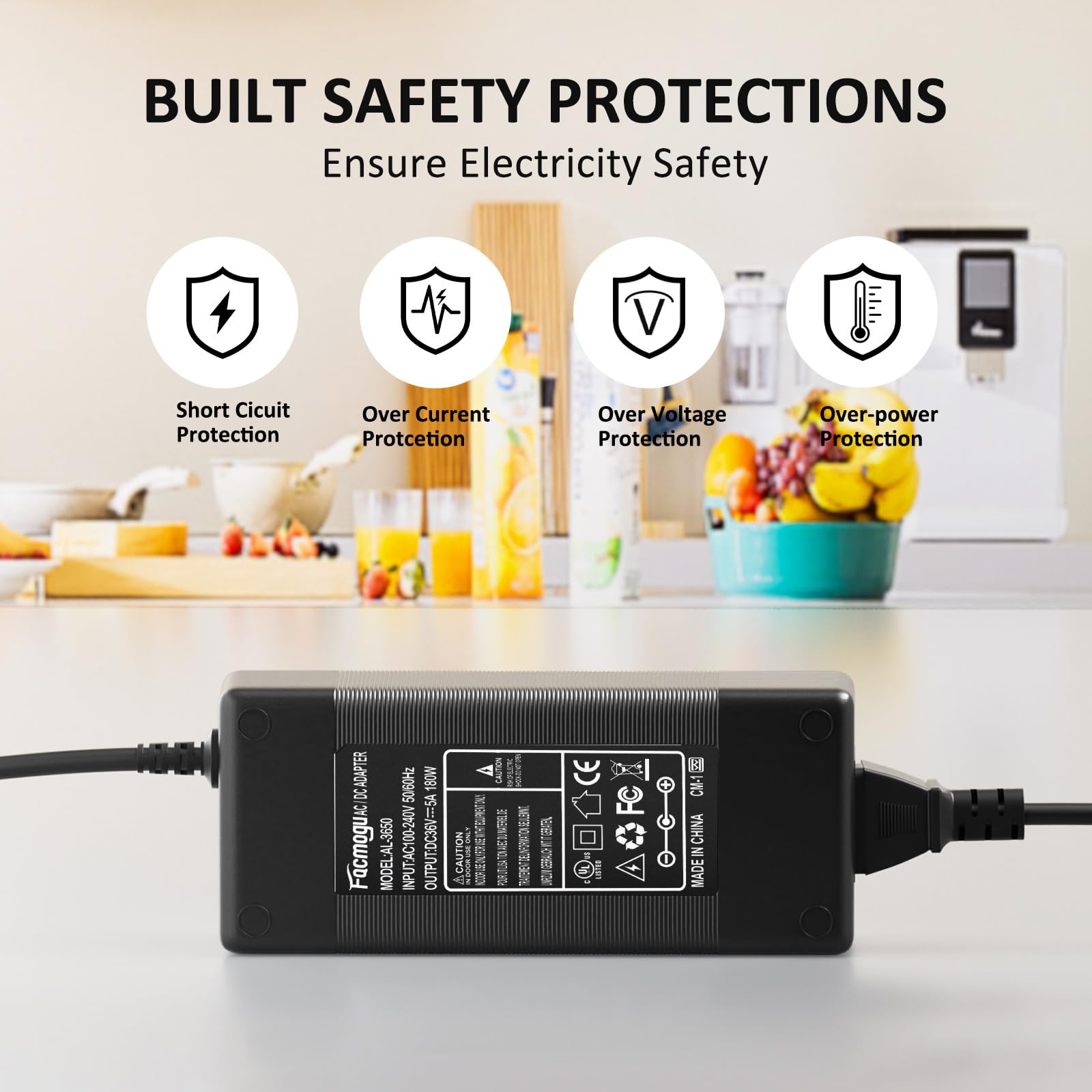 Facmogu 36V 5A Power Supply Adapter, 180W Ac 100V~240V To Dc 36 Volt 5A Converter Transformer With Barrel Connector 5.5X2.5Mm &