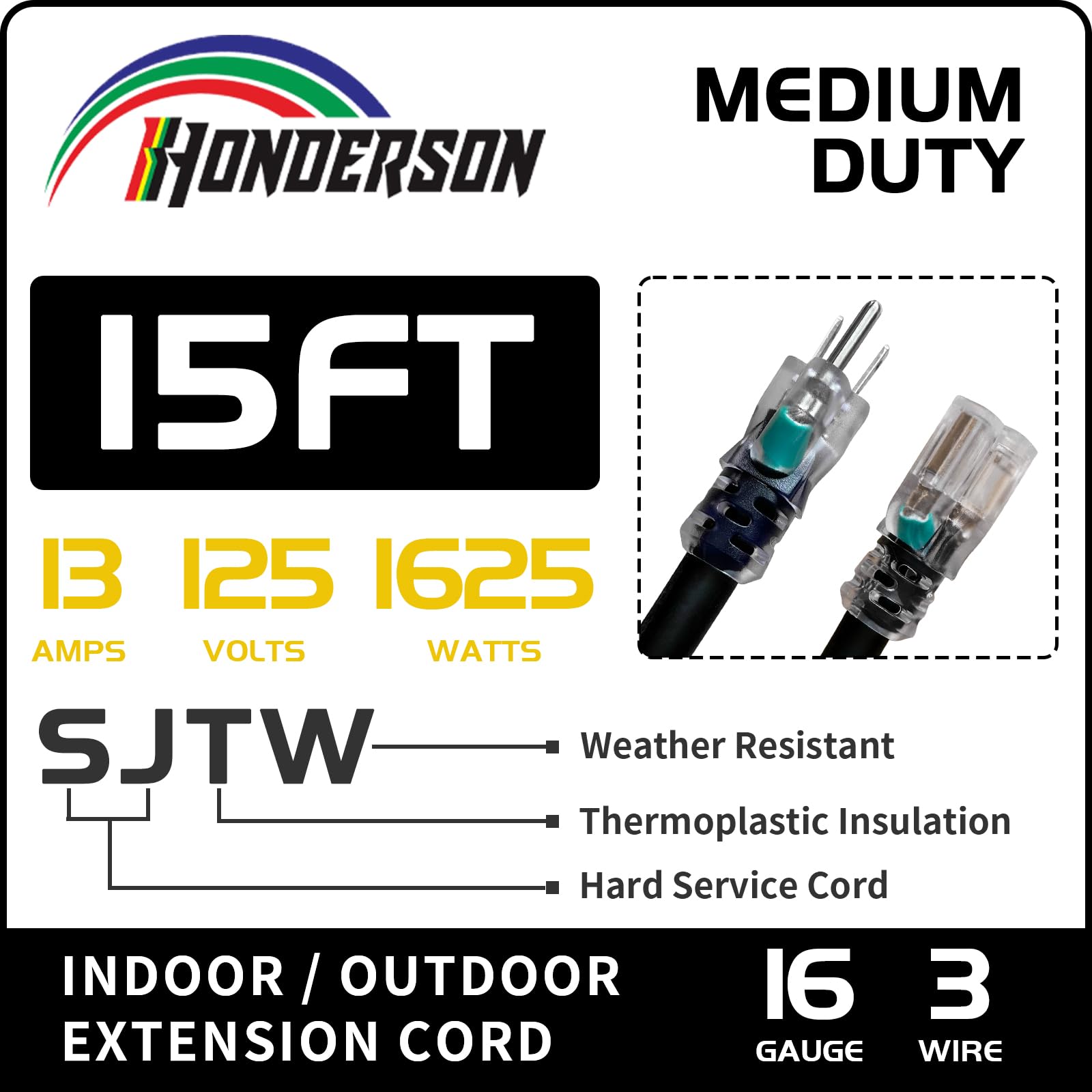 Honderson Indoor Outdoor Extension Cord Weatherproof With Lighted End, Ul Listed, 16 Gauge 15Ft Black 3 Prong Heavy Duty Extensi